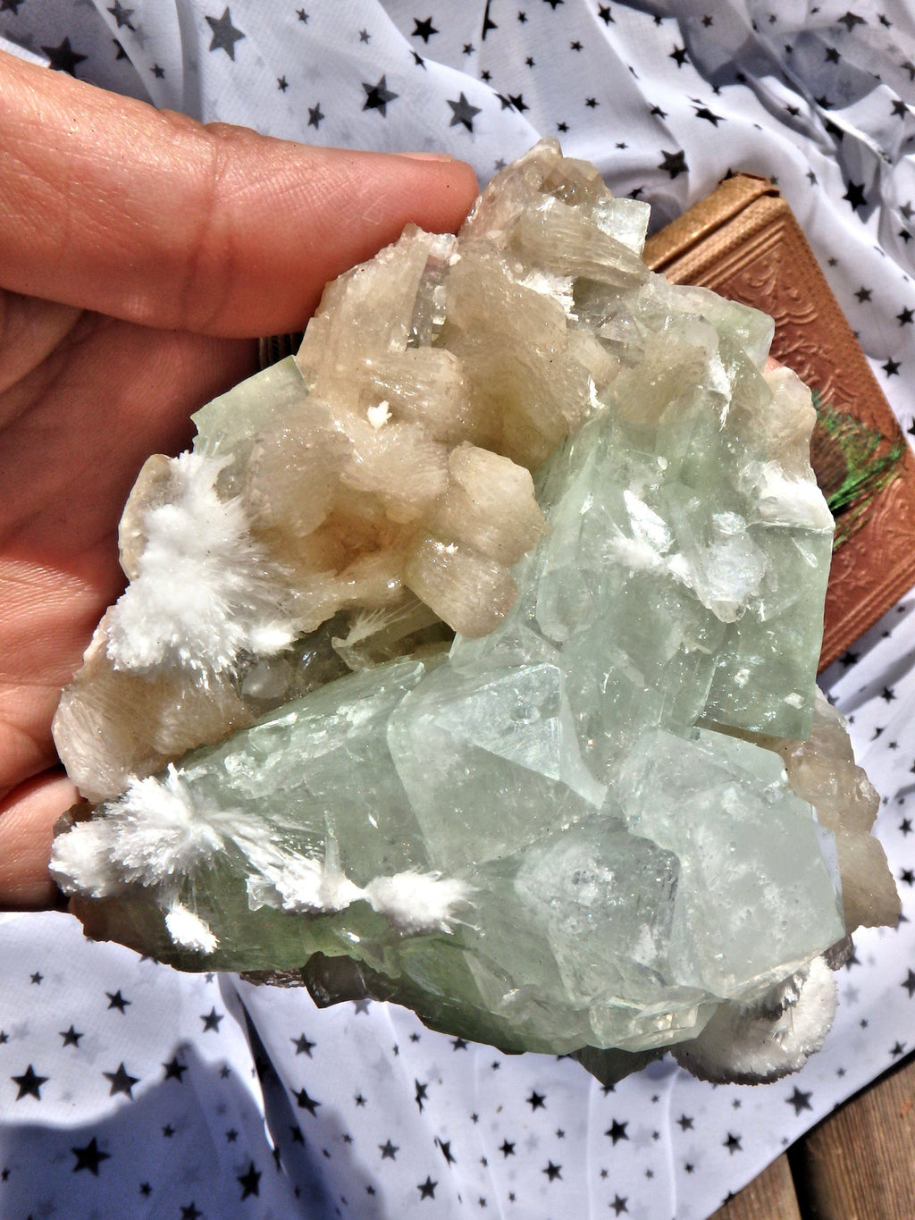 Delightful Rare Mordenite Blooming Patterns on Green Apophyllite & Pink Stilbite Matrix From India - Earth Family Crystals