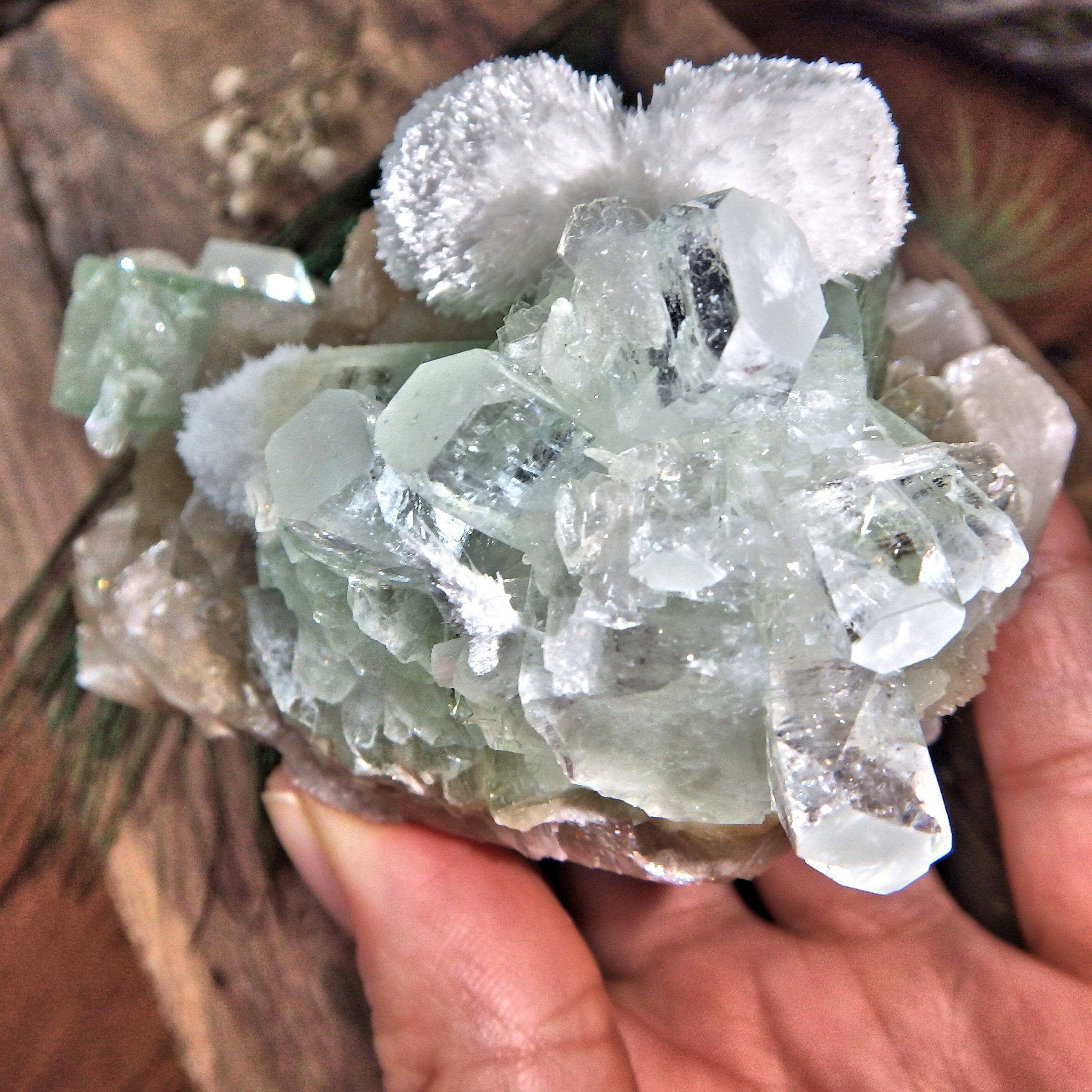 Rare Puff Balls of White Mordenite on Minty Green Apophyllite & on Pink Stilbite Matrix - Earth Family Crystals