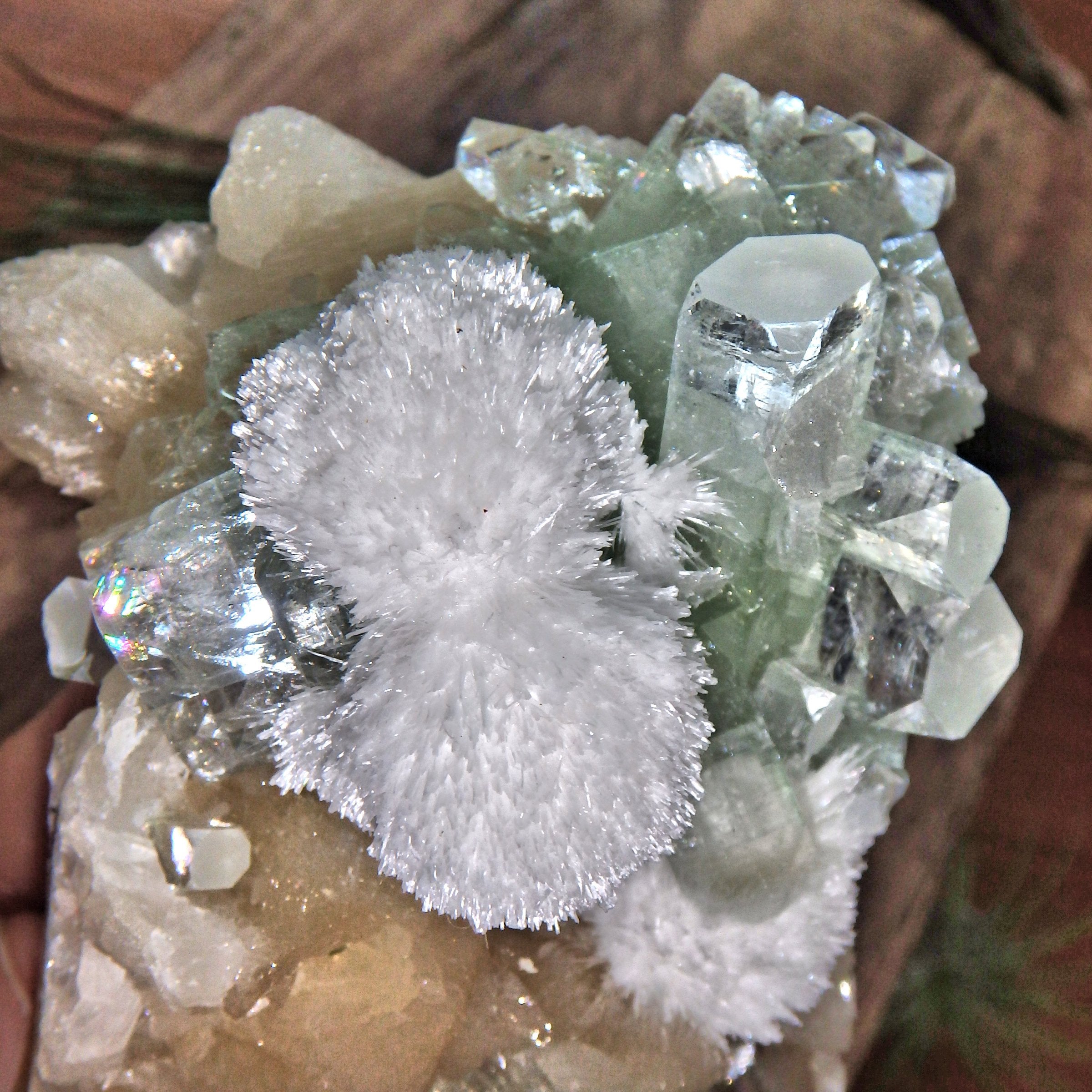 Rare Puff Balls of White Mordenite on Minty Green Apophyllite & on Pink Stilbite Matrix - Earth Family Crystals