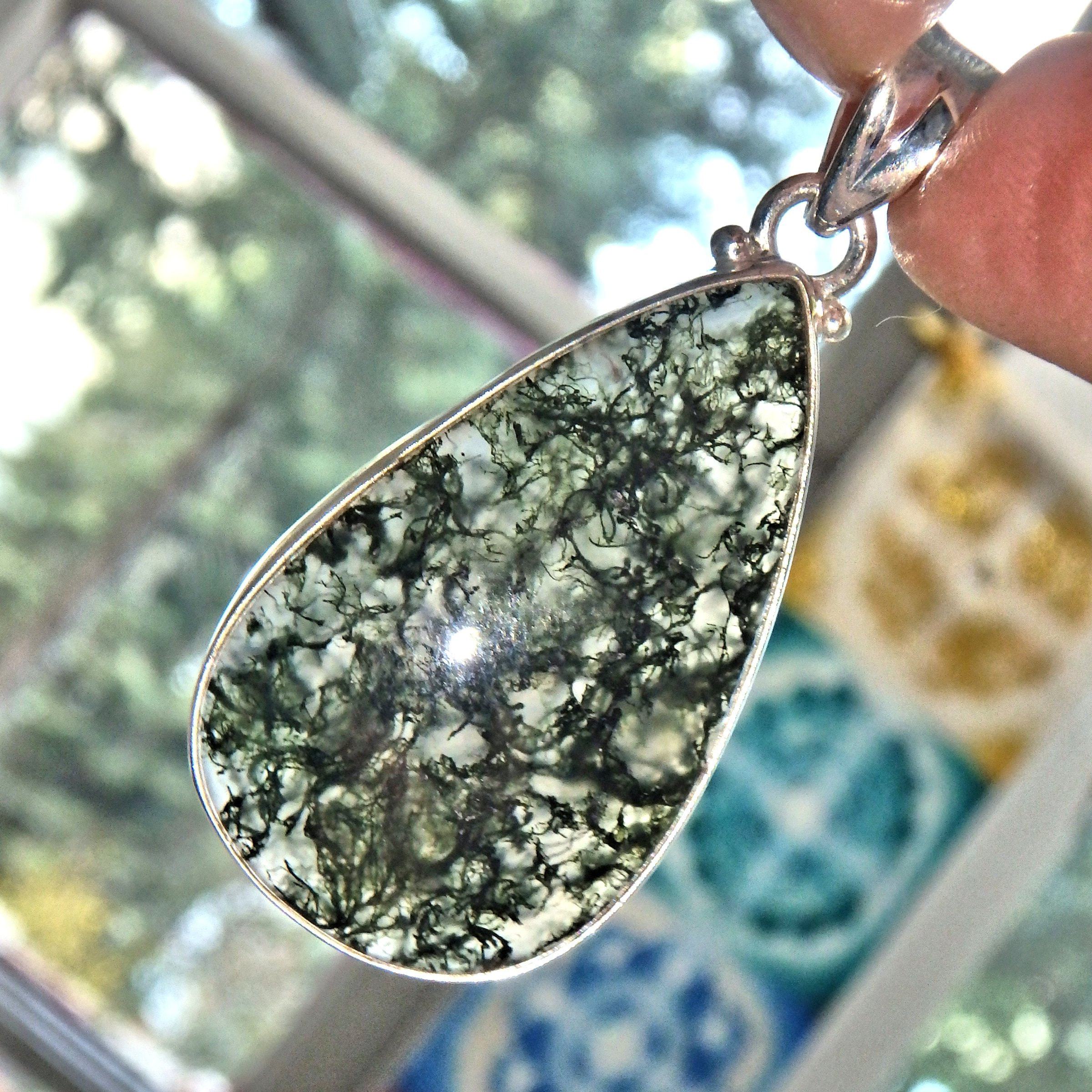 Deep Forest Green Moss Agate Gemstone Pendant in Sterling Silver (Includes Silver Chain) - Earth Family Crystals