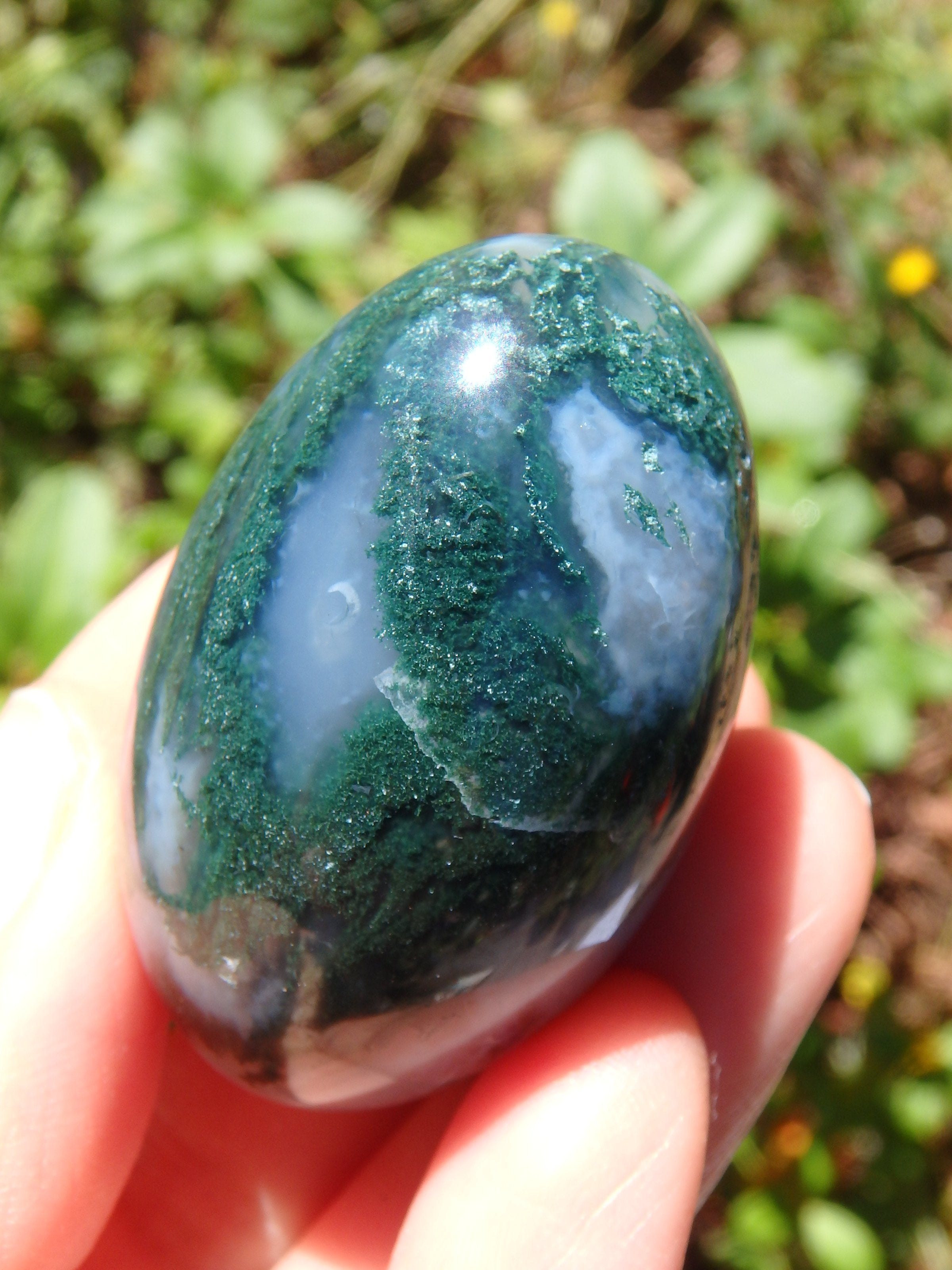 Forest Green & Cloudy Blue Moss Agate Egg Carving 3 - Earth Family Crystals