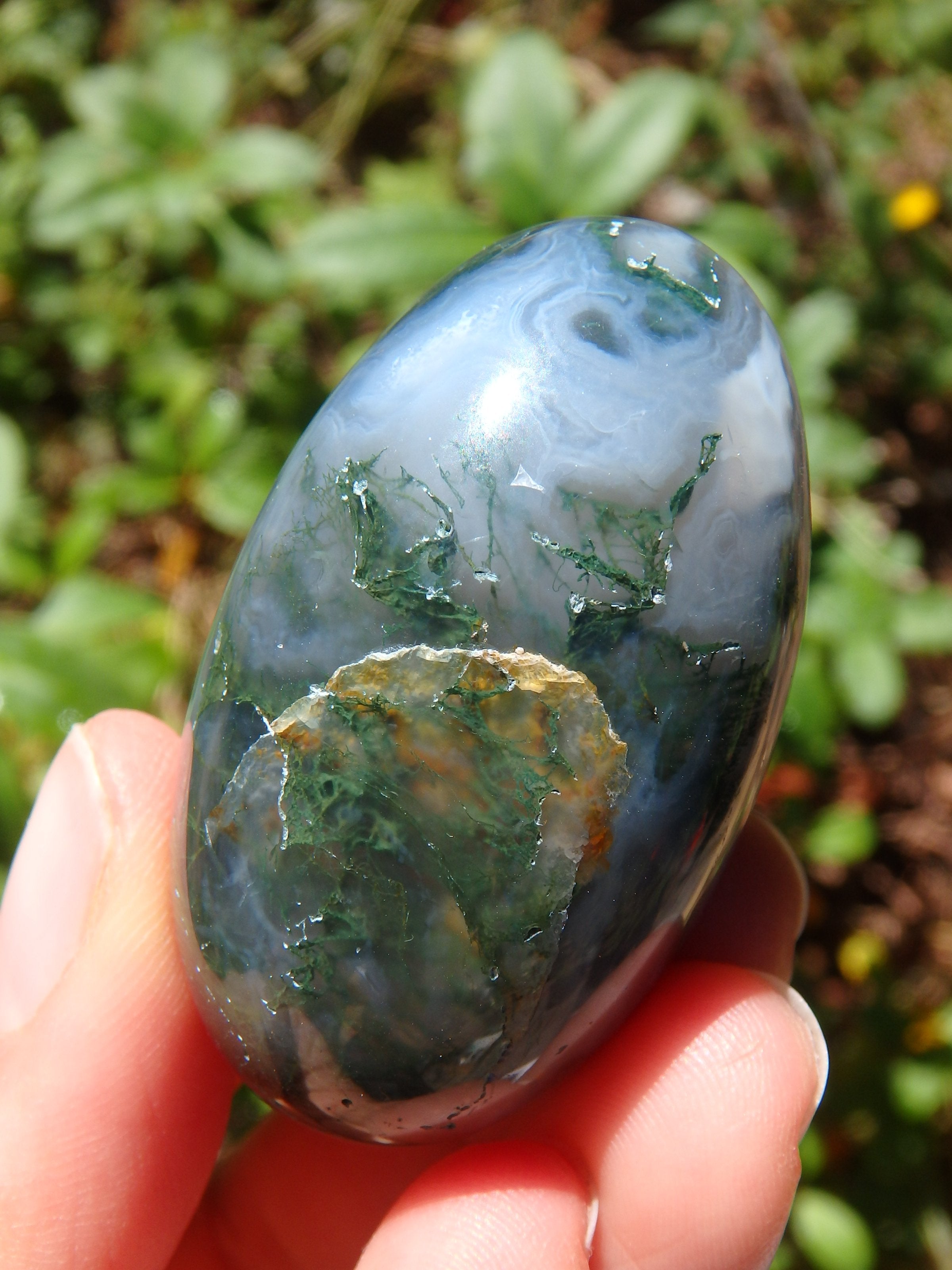 Forest Green & Cloudy Blue Moss Agate Egg Carving 1 - Earth Family Crystals