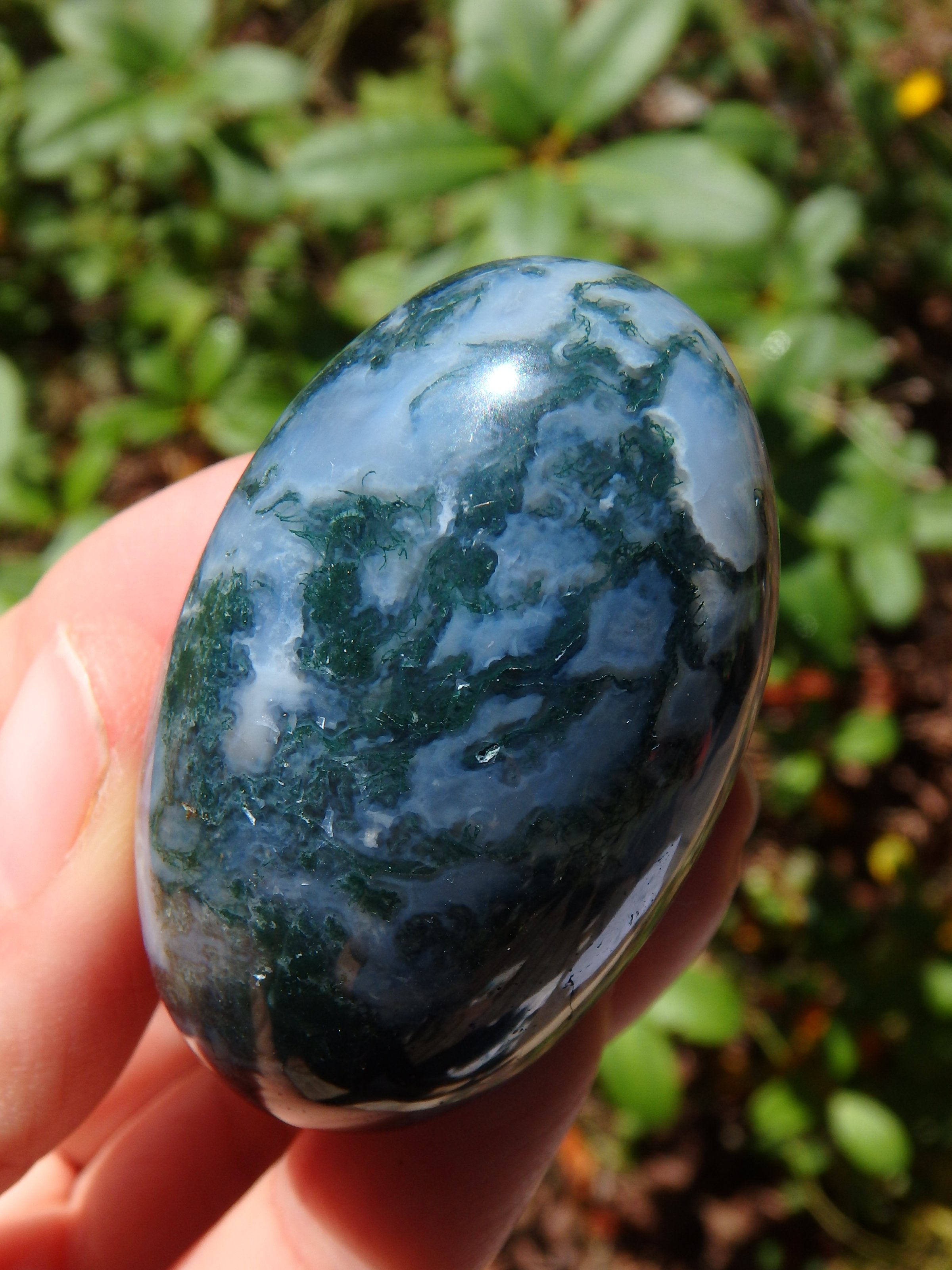 Forest Green & Cloudy Blue Moss Agate Egg Carving 2 - Earth Family Crystals