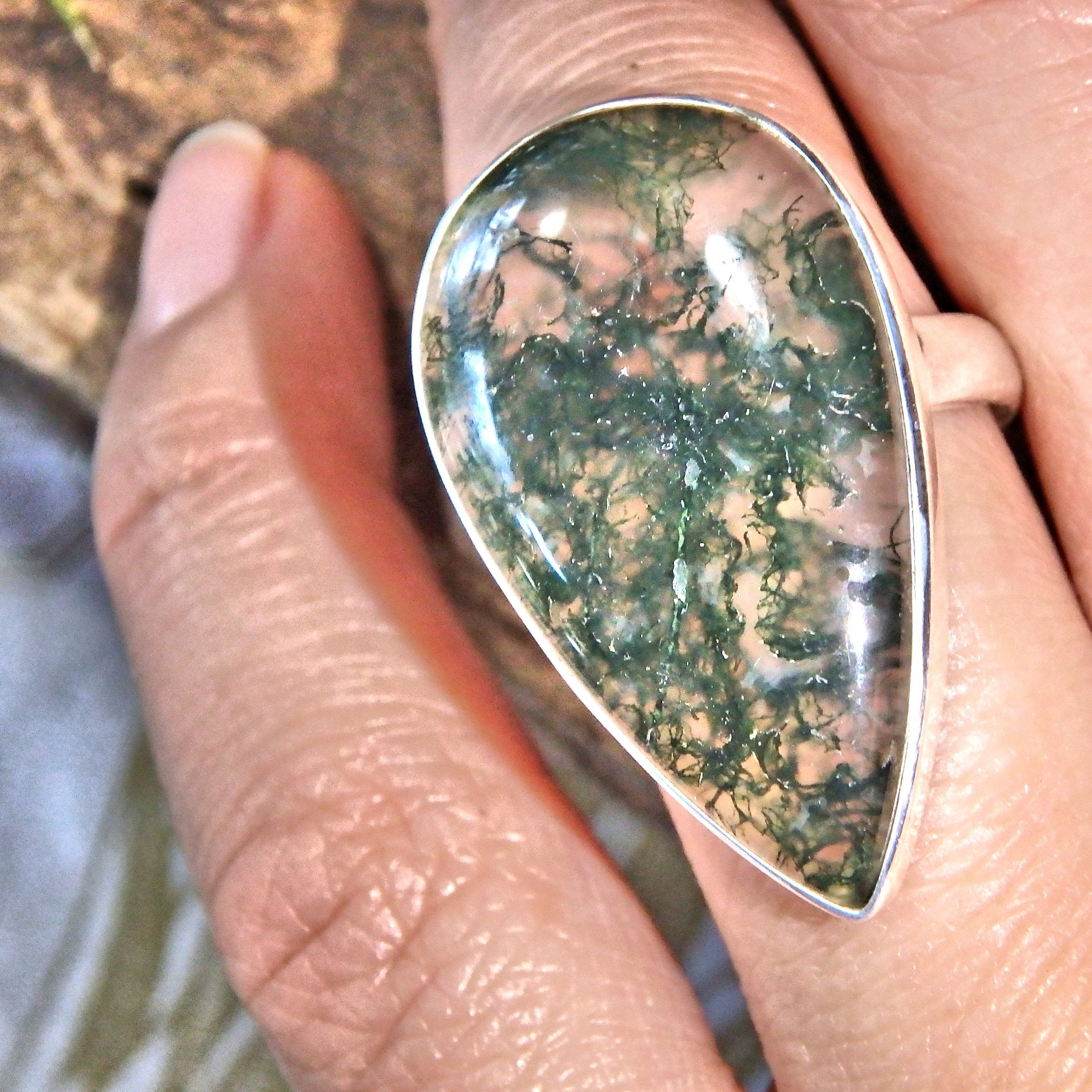 Forest Green Moss Agate Sterling Silver Ring (Size 8) - Earth Family Crystals