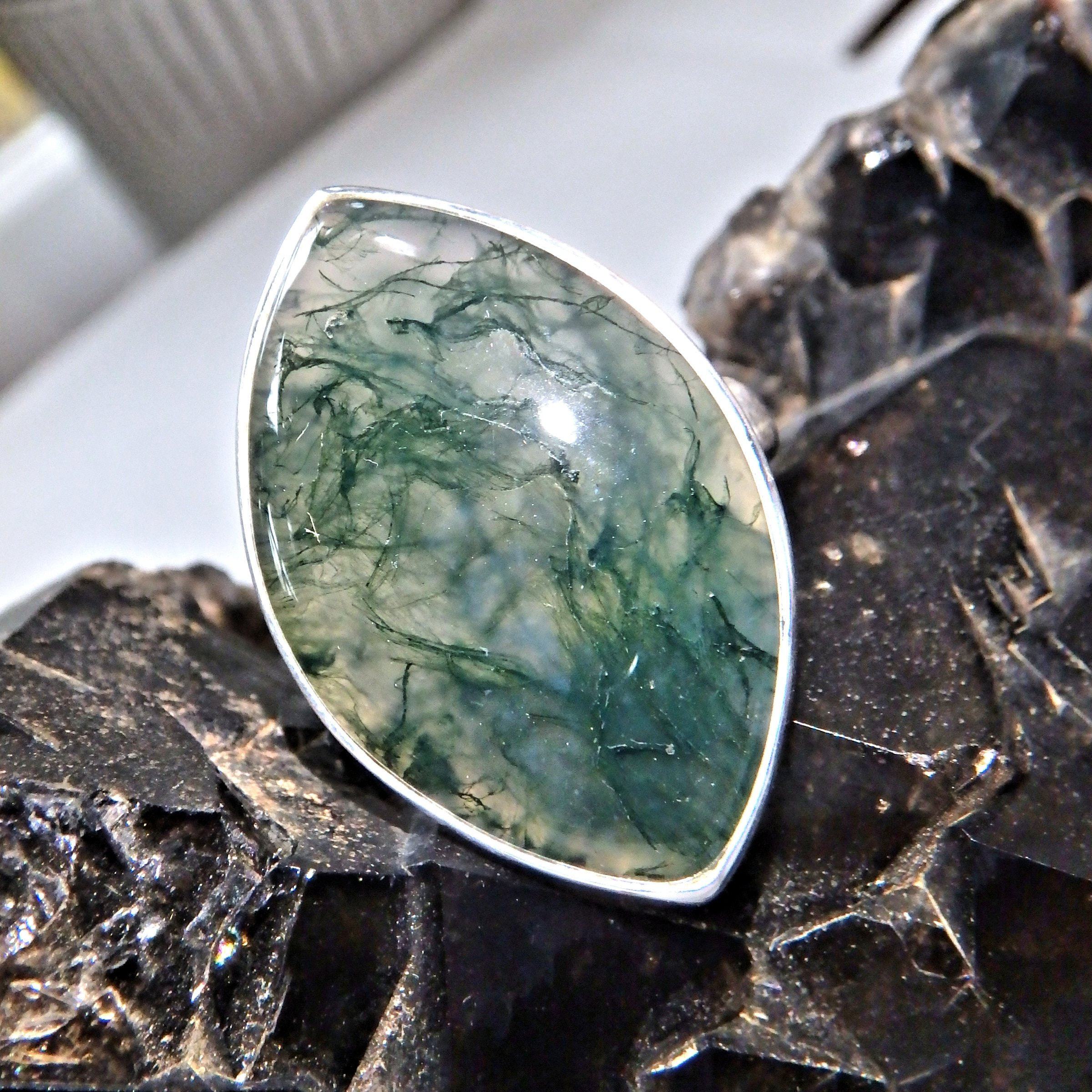 Earthy Green Veins Moss Agate  Gemstone Ring in Sterling Silver (Size 7.5) - Earth Family Crystals