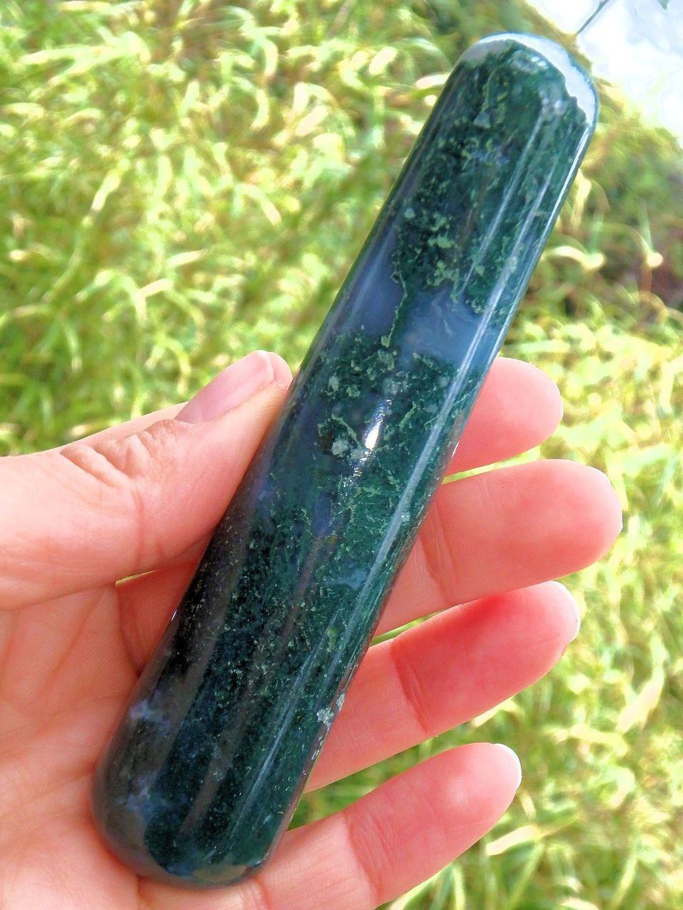 Earthy Green Moss Agate Wand Carving 1 - Earth Family Crystals