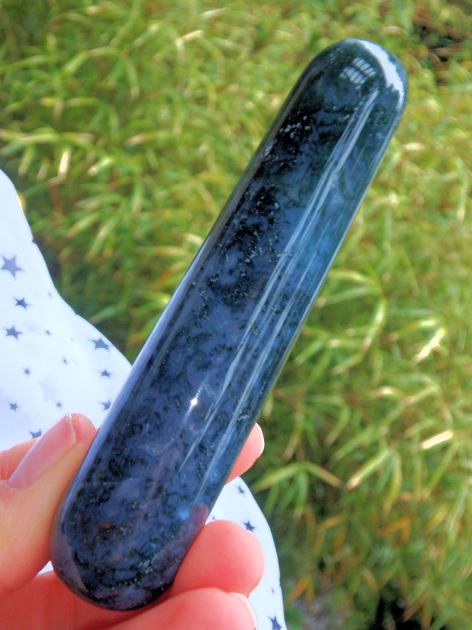 Pretty Blue & Green Moss Agate Wand Carving - Earth Family Crystals