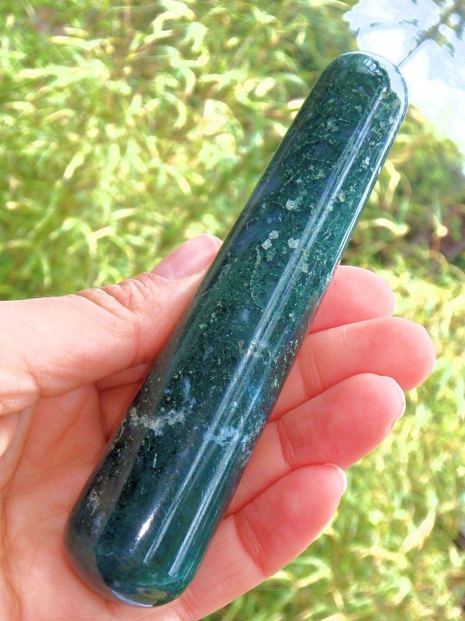 Earthy Green Moss Agate Wand Carving 1 - Earth Family Crystals