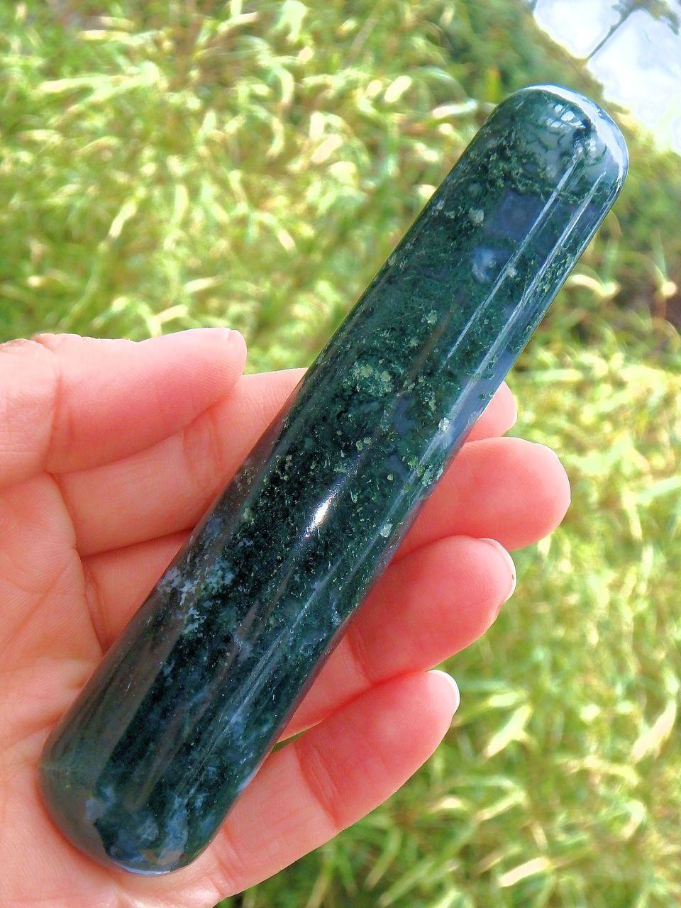 Earthy Green Moss Agate Wand Carving 1 - Earth Family Crystals