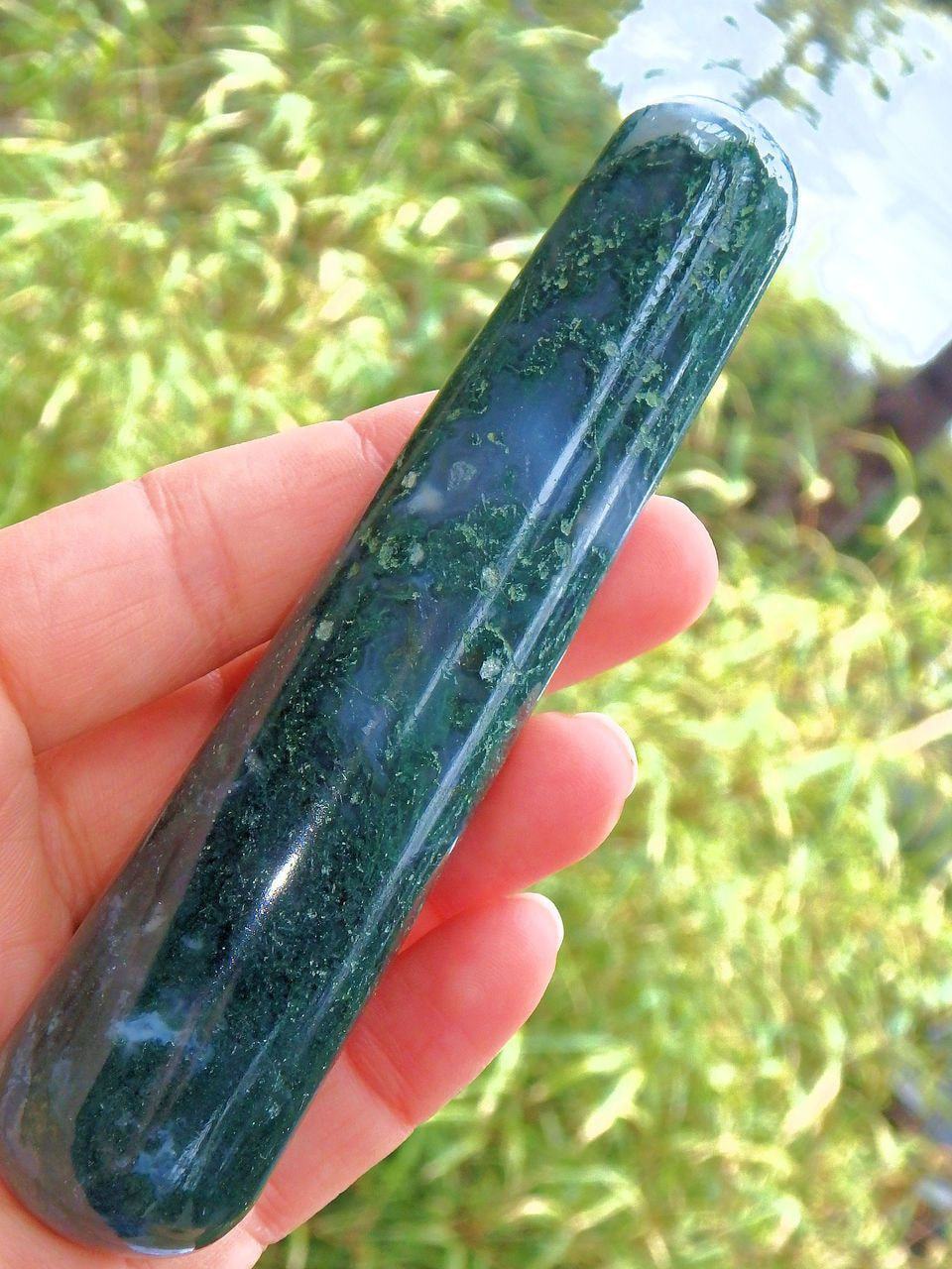 Earthy Green Moss Agate Wand Carving 1 - Earth Family Crystals