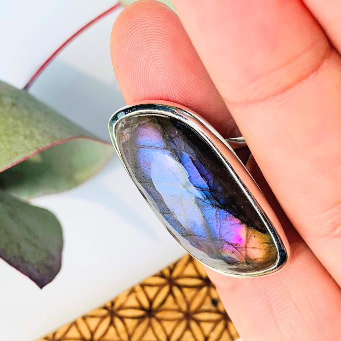 Silky Pink & Purple Flashes Labradorite Ring in Sterling Silver (Size 6) - Earth Family Crystals