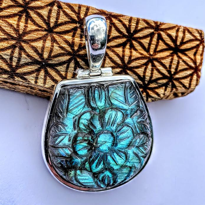 Fabulous Flower Carved Labradorite Pendant in Sterling Silver (Includes Silver Chain) #3 - Earth Family Crystals