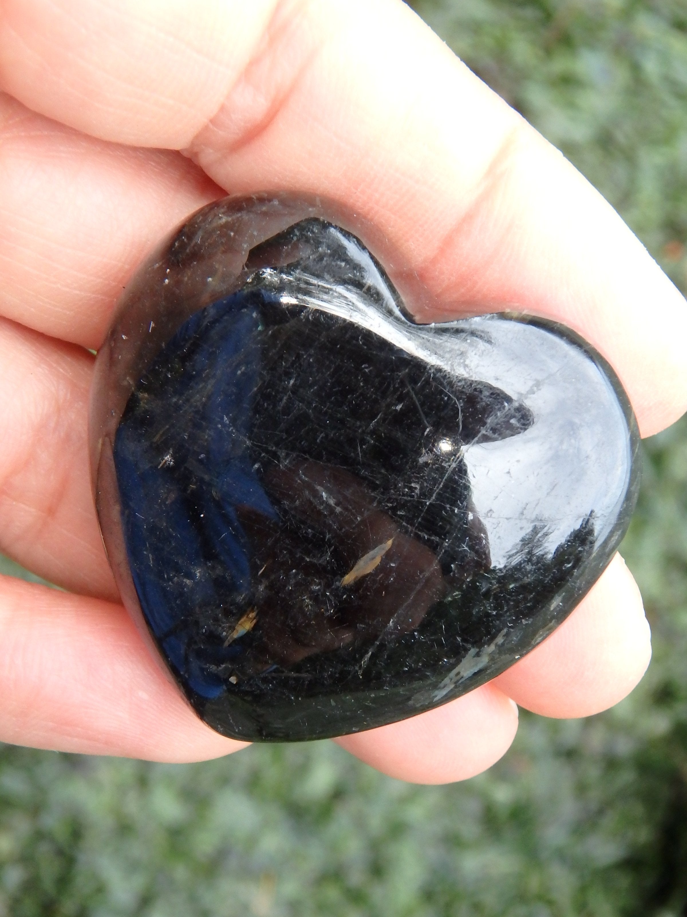 Pretty Greenland Nuummite Heart Carving with Moving Flashes of Color - Earth Family Crystals