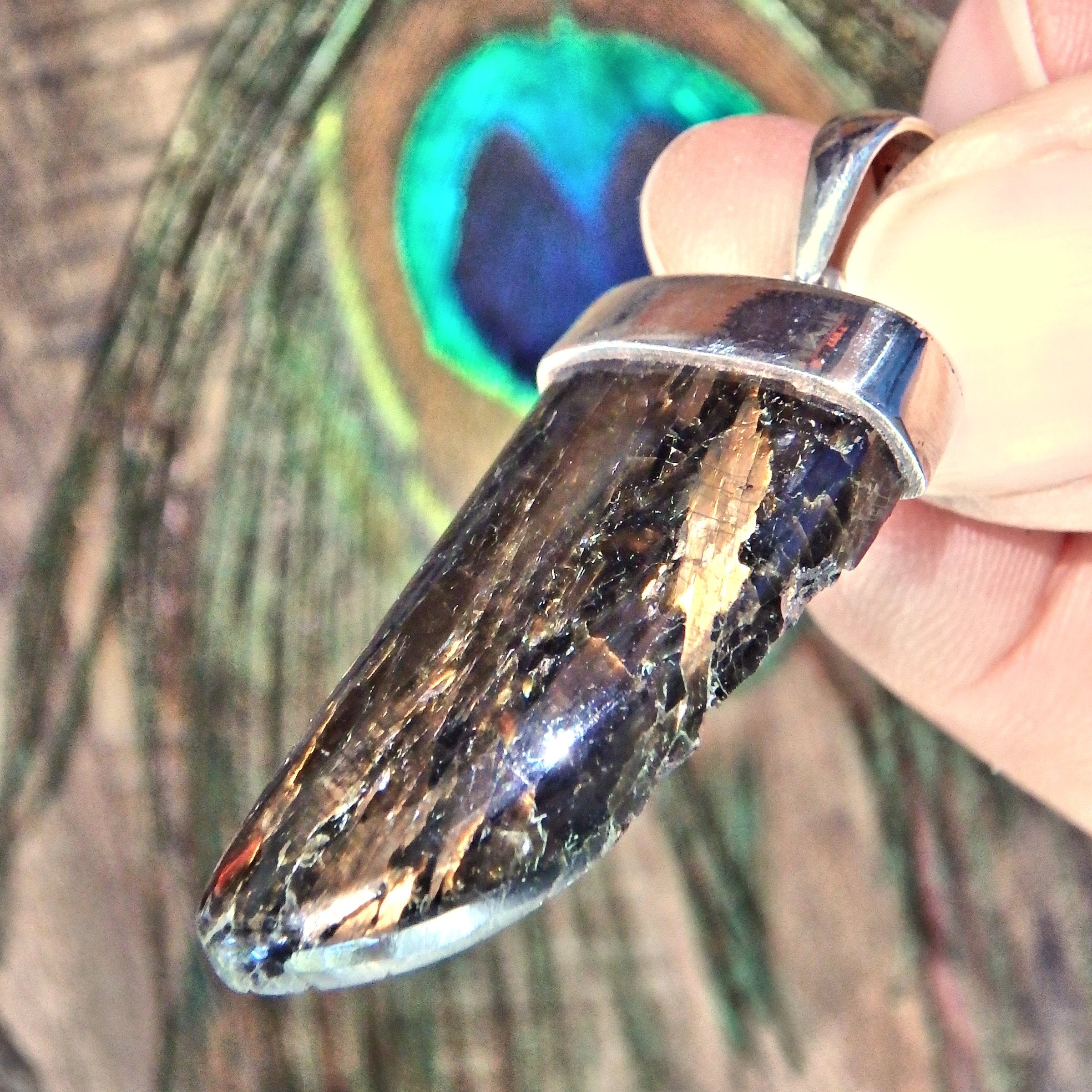 Golden Flashes Genuine Greenland Nuummite Pendant in Sterling Silver (REDUCED) - Earth Family Crystals