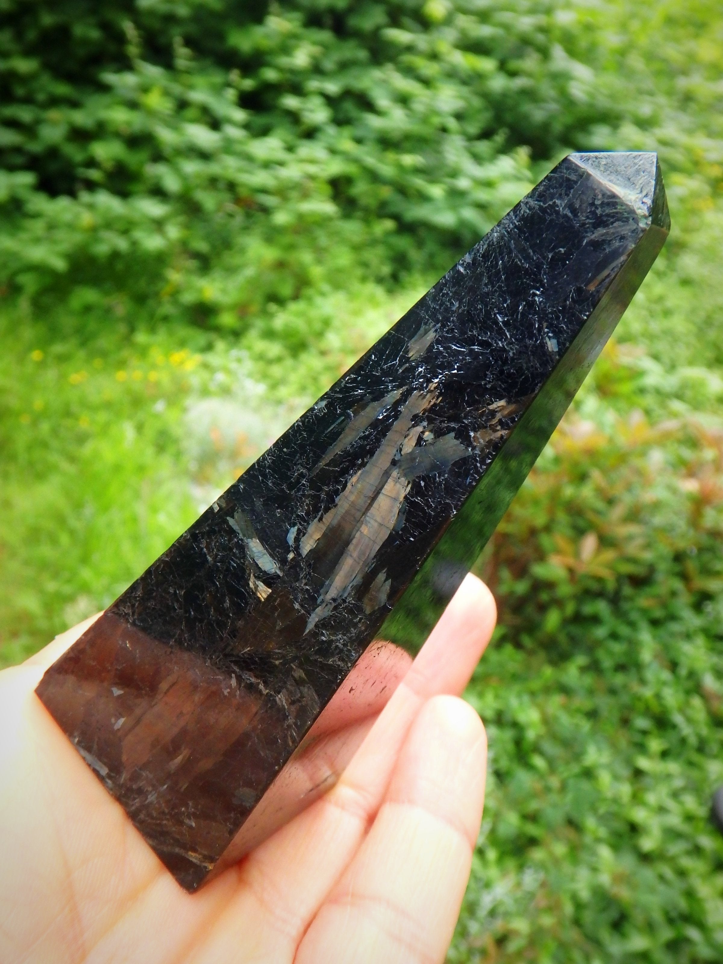 Golden Lightening Flashes~Genuine Greenland Nuummite Obelisk Standing Carving - Earth Family Crystals