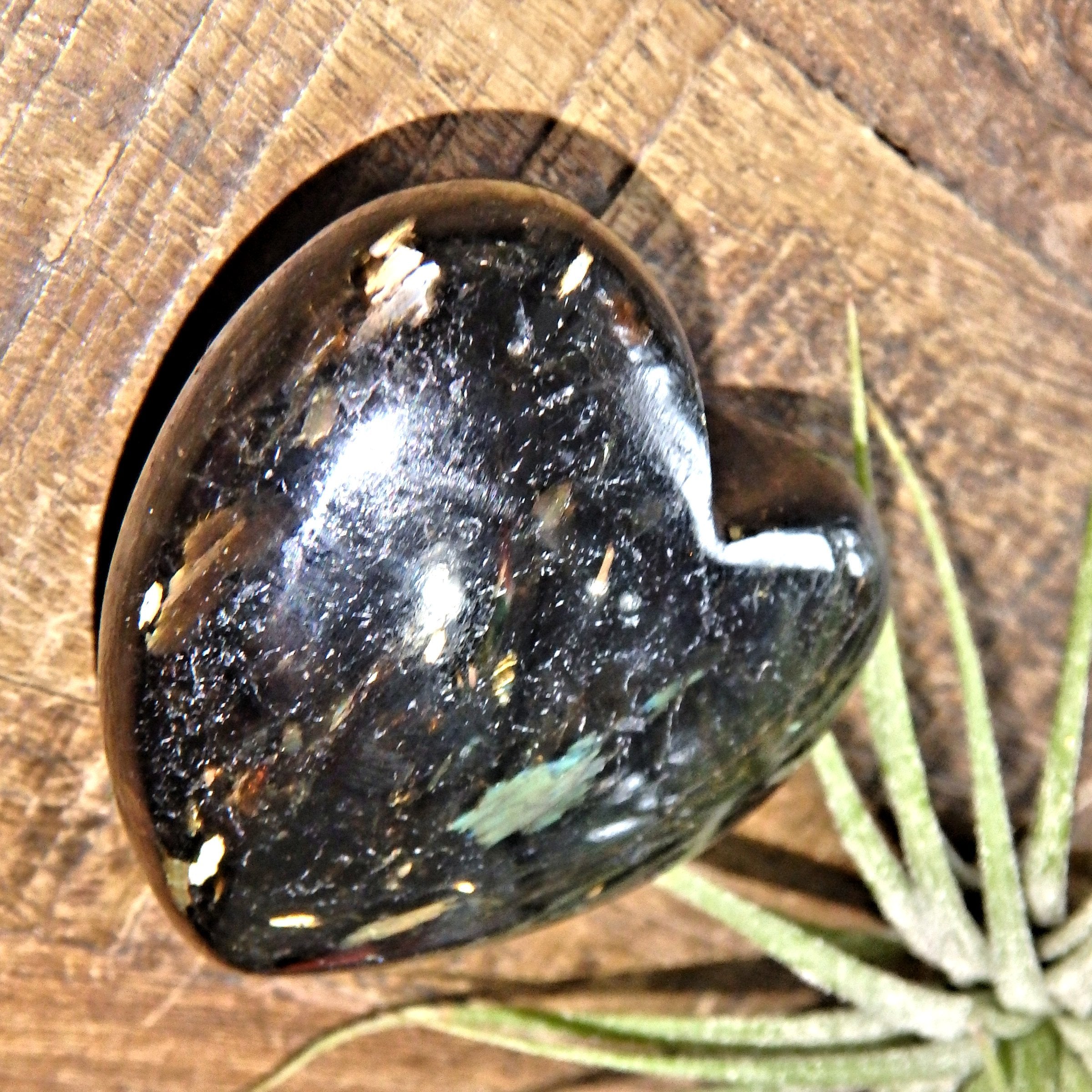 Genuine Greenland Nuummite Heart With Lightening Flashes of Mysterious Color - Earth Family Crystals