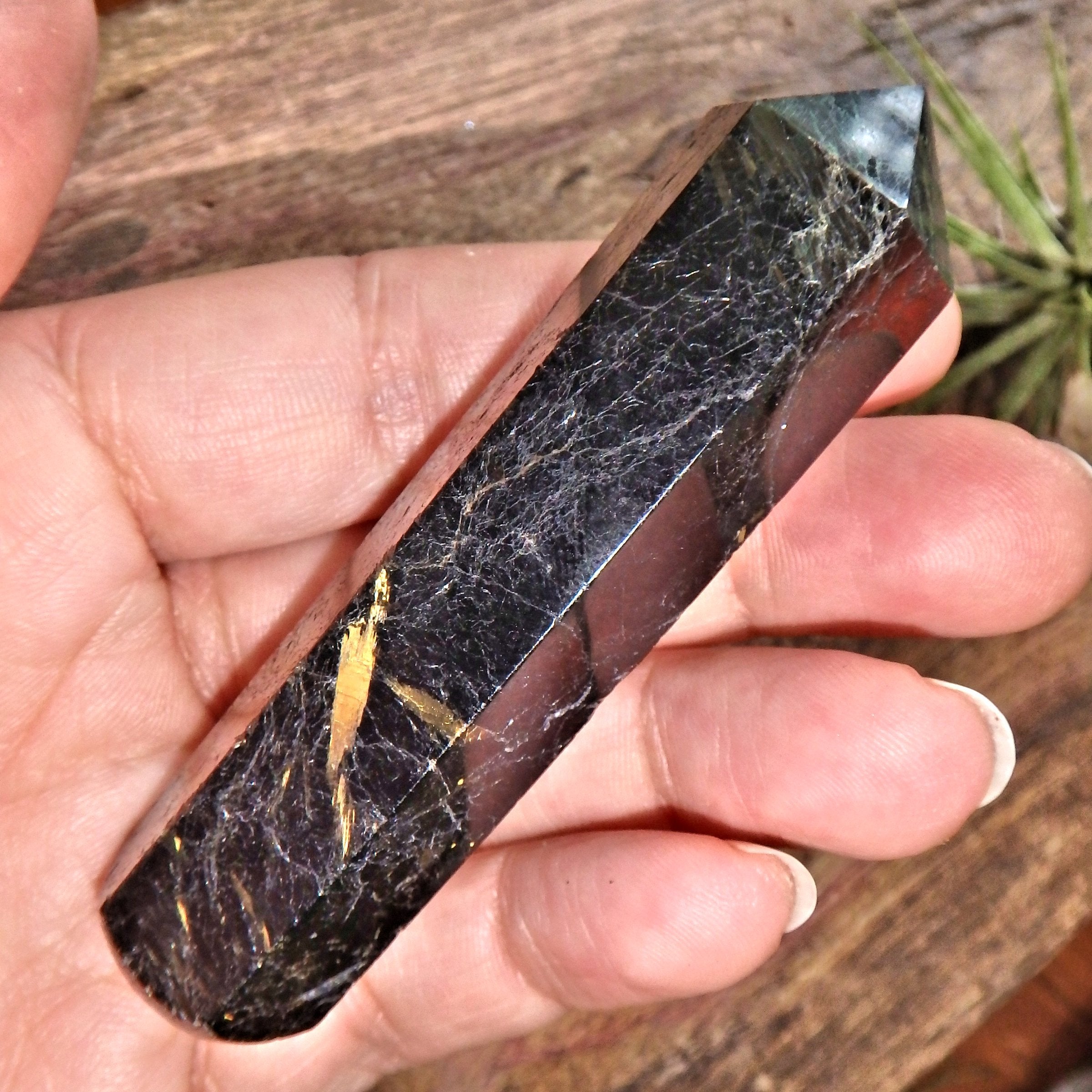 Genuine Greenland Nuummite With Lightening Flashes of Mysterious Color Wand Carving 2 - Earth Family Crystals