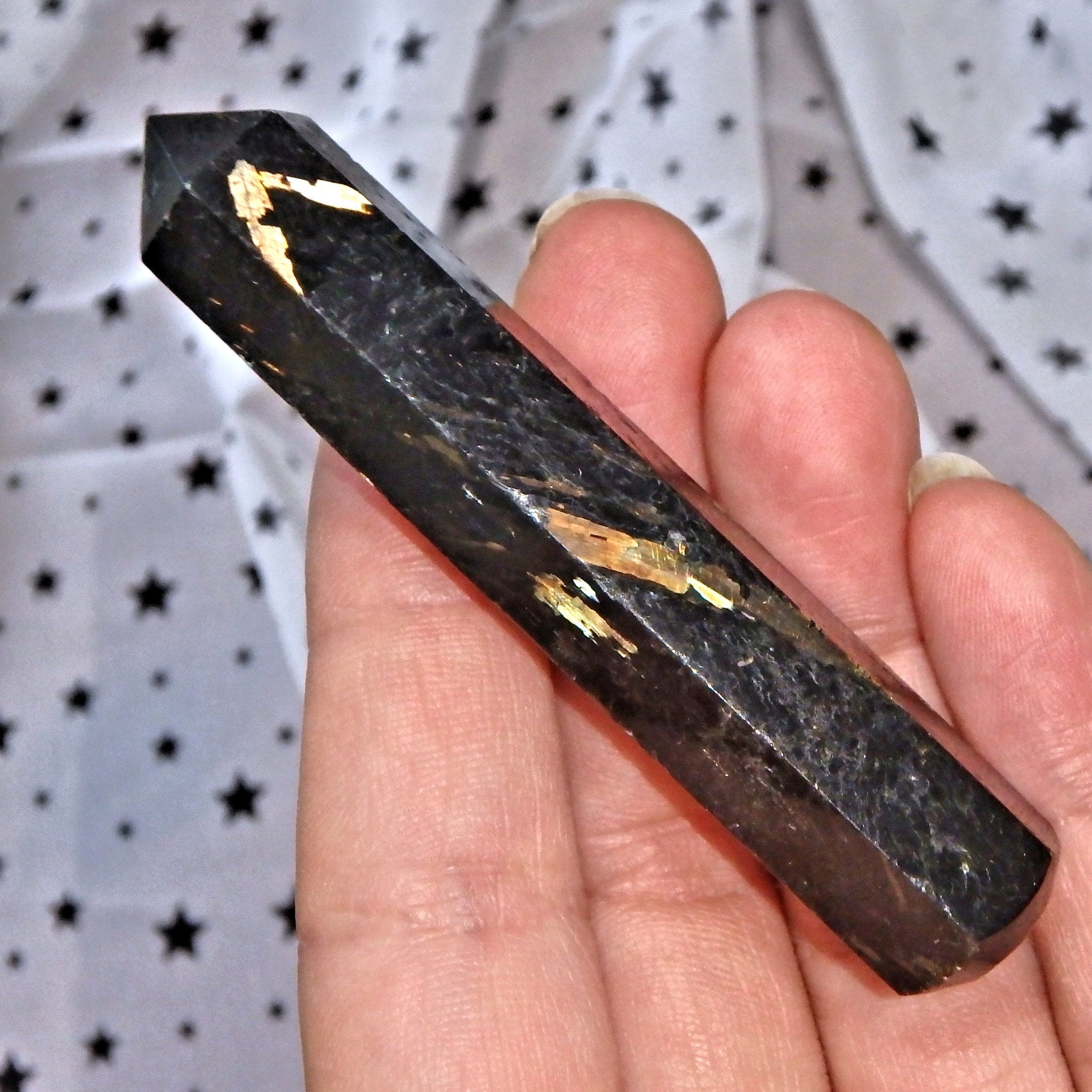 Ribbons of Flash Genuine Greenland Nuummite Wand Carving - Earth Family Crystals