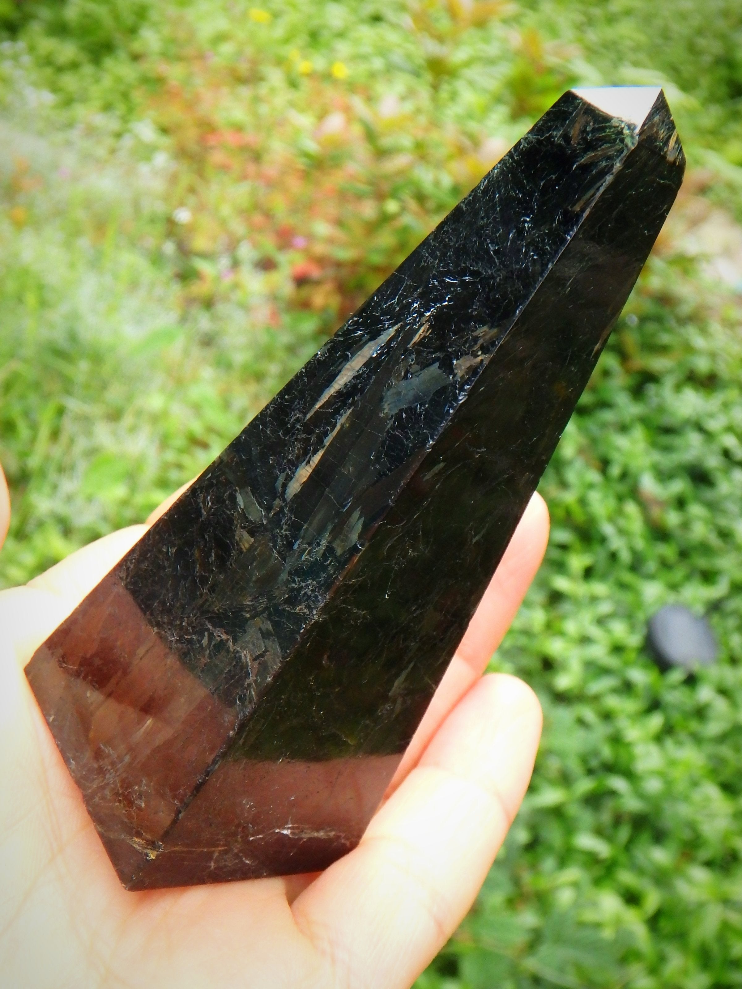 Golden Lightening Flashes~Genuine Greenland Nuummite Obelisk Standing Carving - Earth Family Crystals