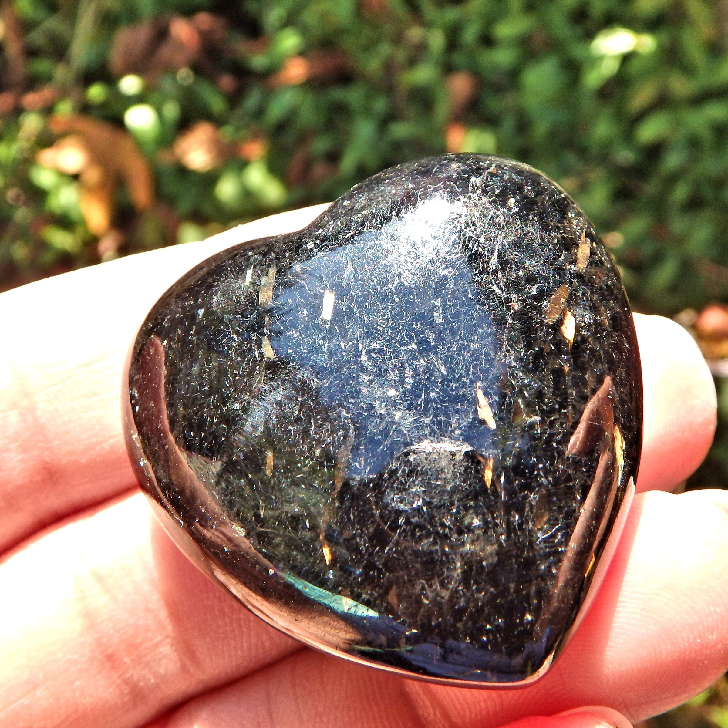 Gold Flashes Black Genuine Nuummite Heart Carving From Greenland - Earth Family Crystals