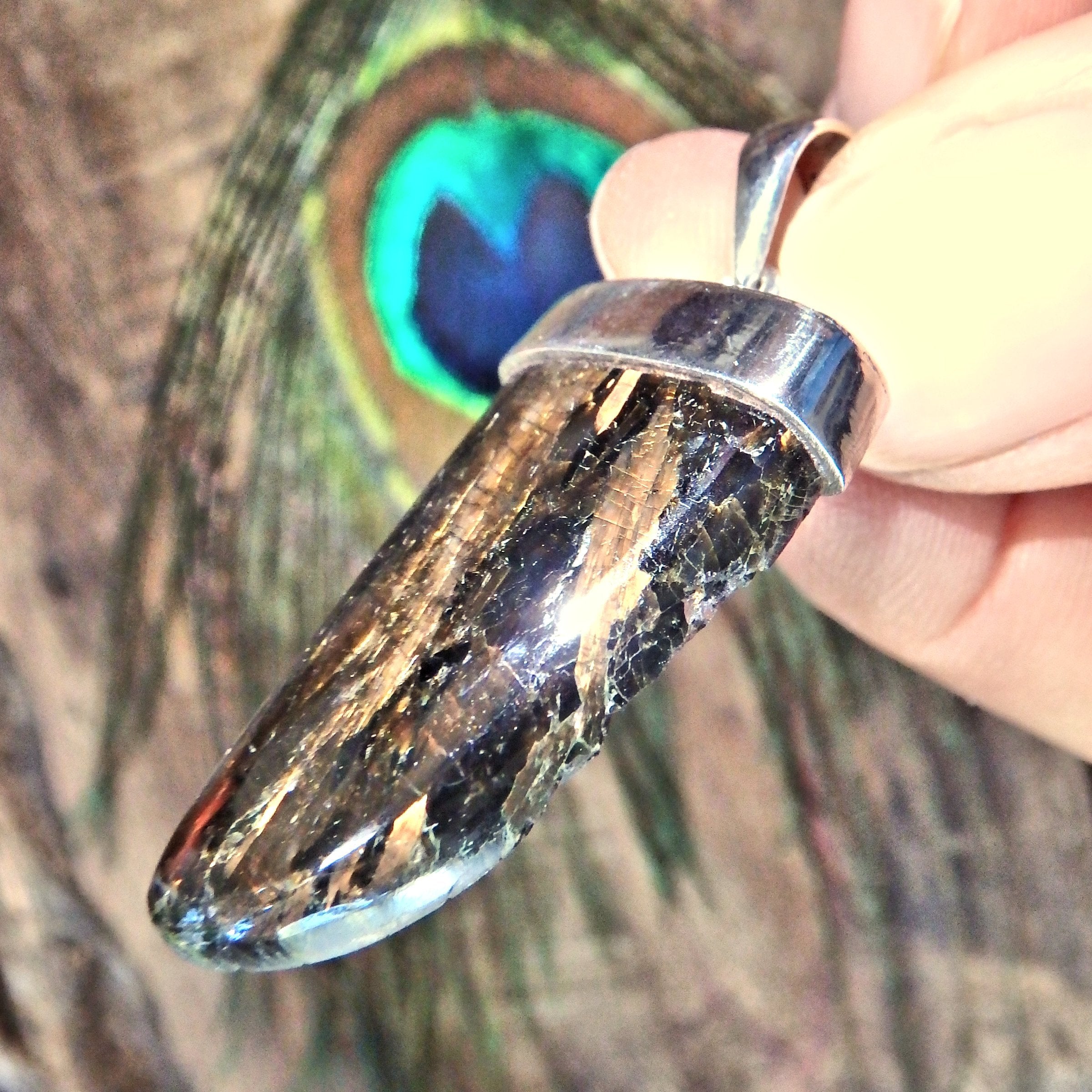 Golden Flashes Genuine Greenland Nuummite Pendant in Sterling Silver (REDUCED) - Earth Family Crystals