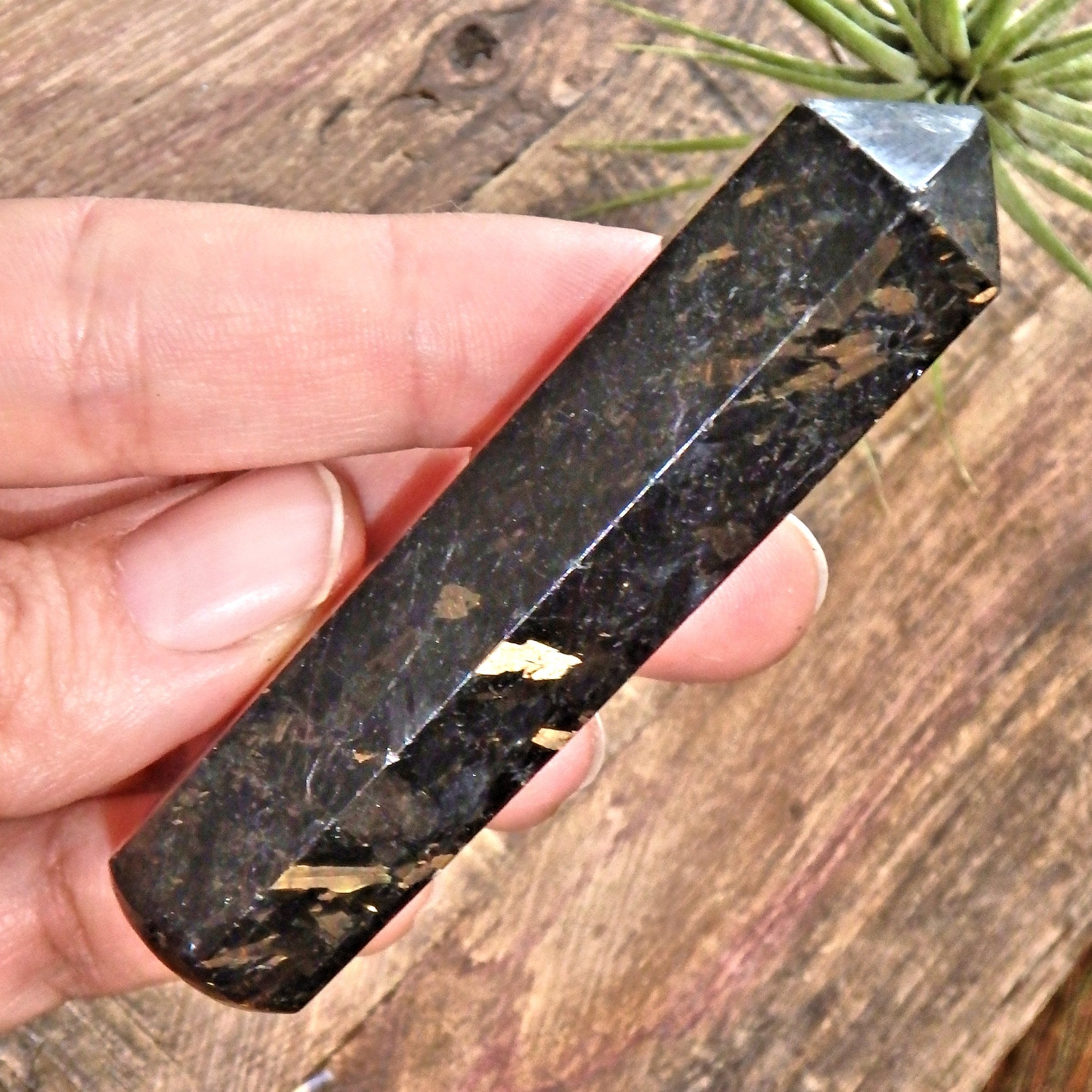 Genuine Greenland Nuummite With Lightening Flashes of Mysterious Color Wand Carving 1 - Earth Family Crystals
