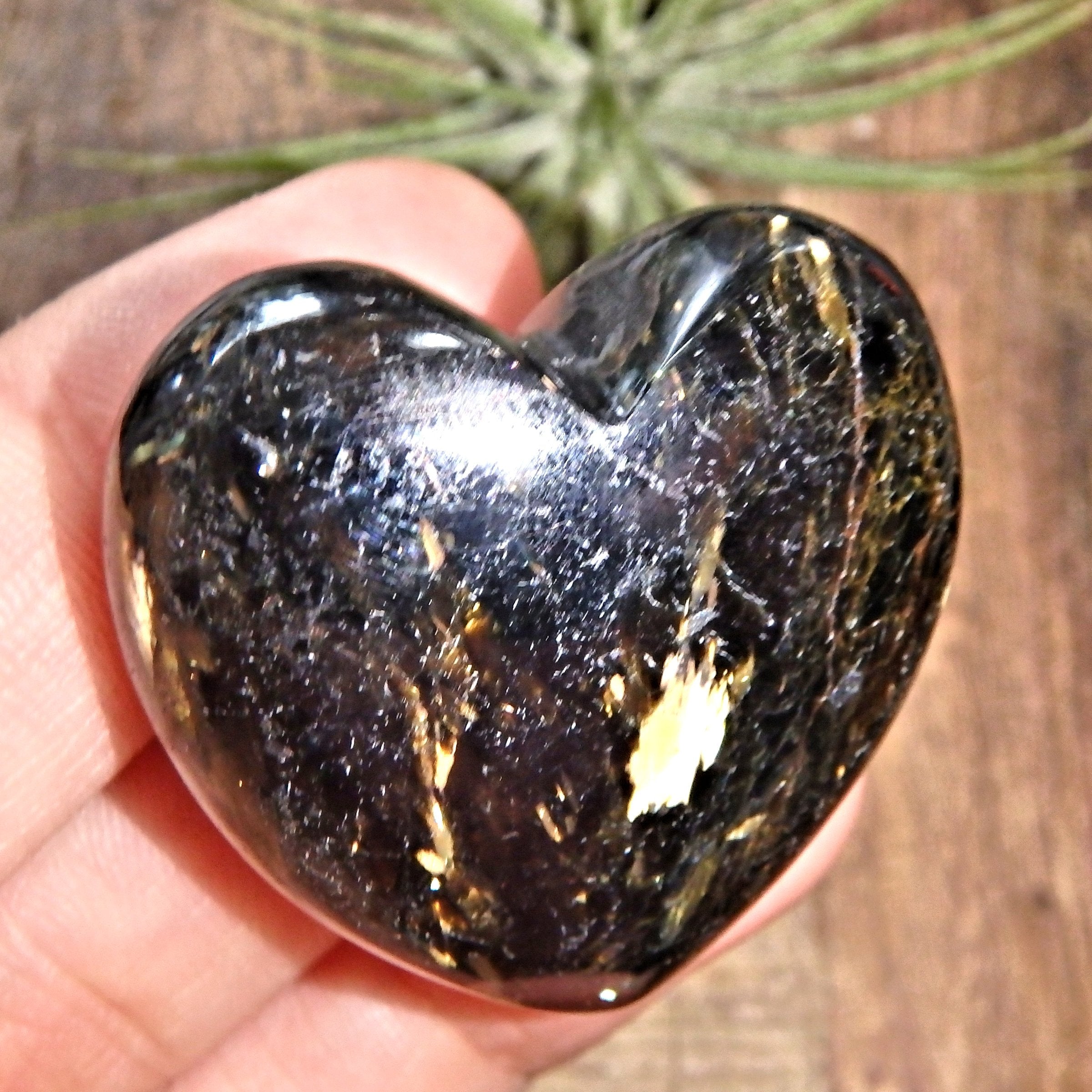 Genuine Greenland Nuummite Heart With Lightening Flashes of Mysterious Color - Earth Family Crystals