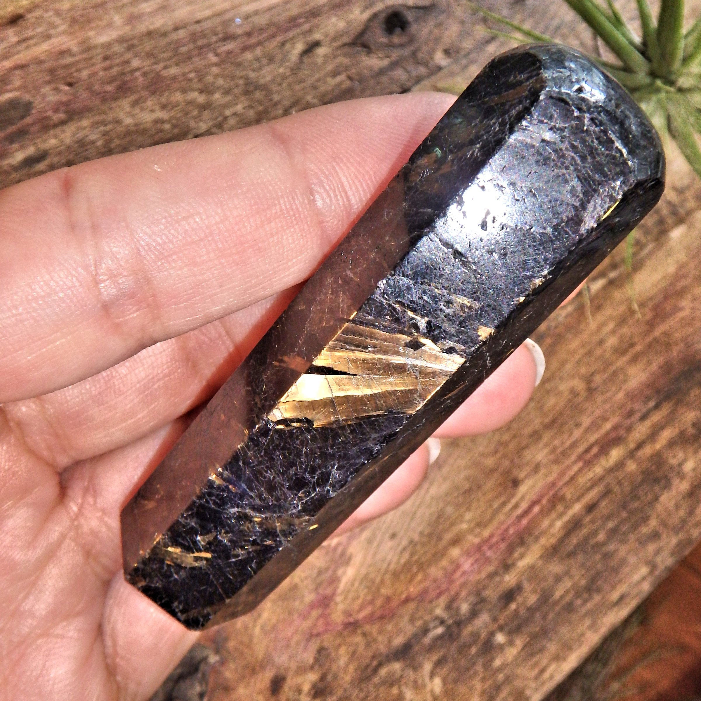 Genuine Greenland Nuummite With Lightening Flashes of Mysterious Color Wand Carving 2 - Earth Family Crystals