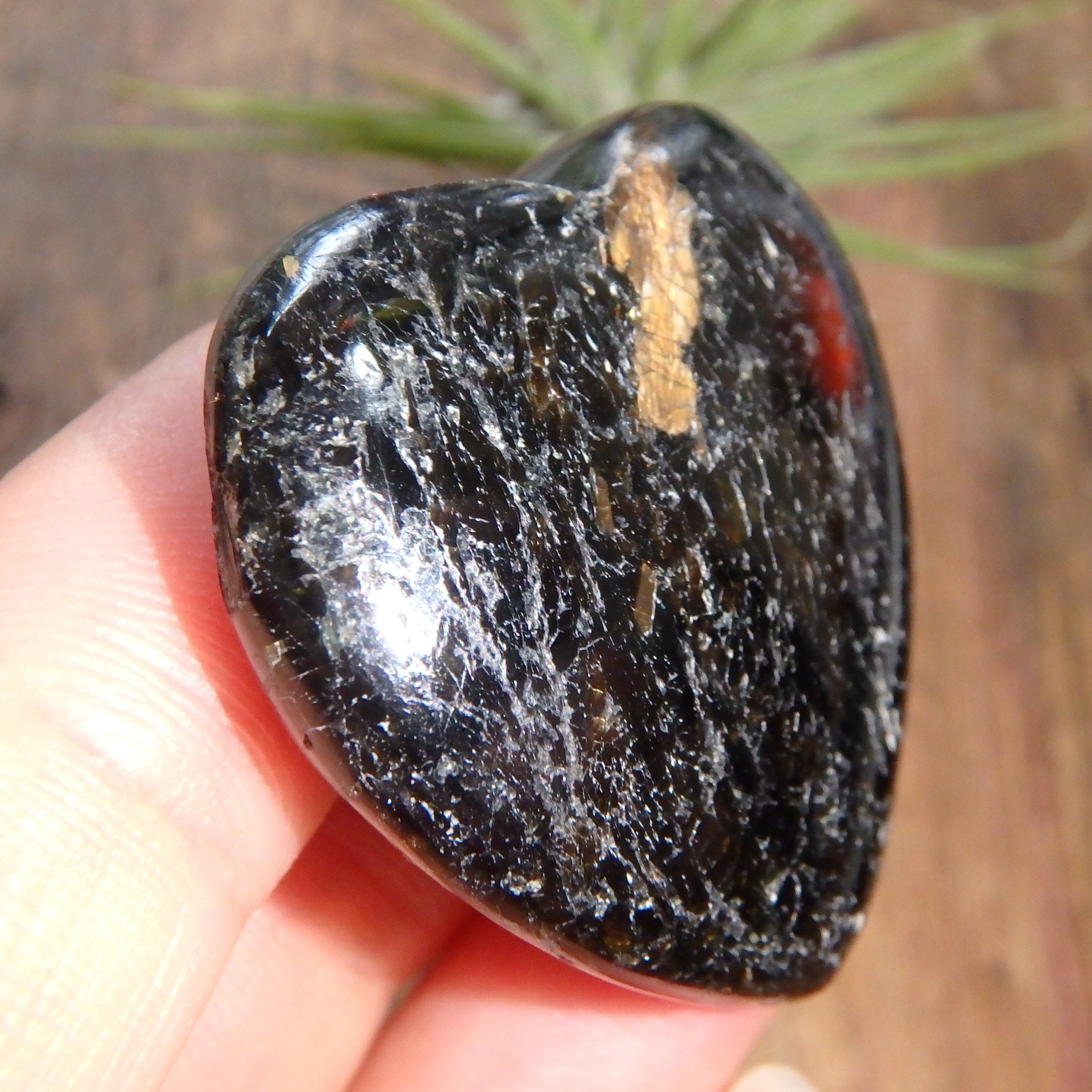 Genuine Greenland Nuummite Heart With Lightening Flashes of Mysterious Color REDUCED - Earth Family Crystals