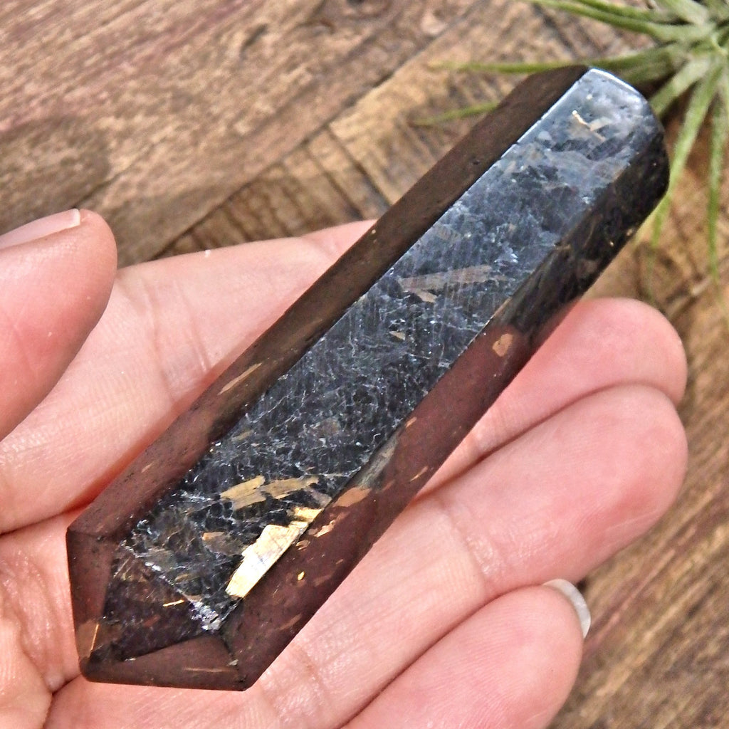 Genuine Greenland Nuummite With Lightening Flashes of Mysterious Color Wand Carving 1 - Earth Family Crystals