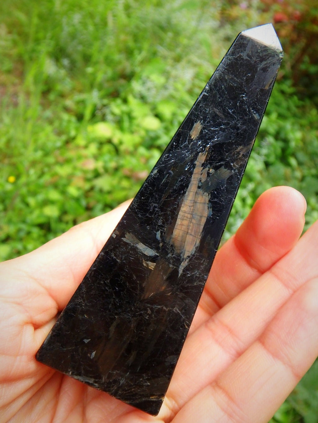 Golden Lightening Flashes~Genuine Greenland Nuummite Obelisk Standing Carving - Earth Family Crystals