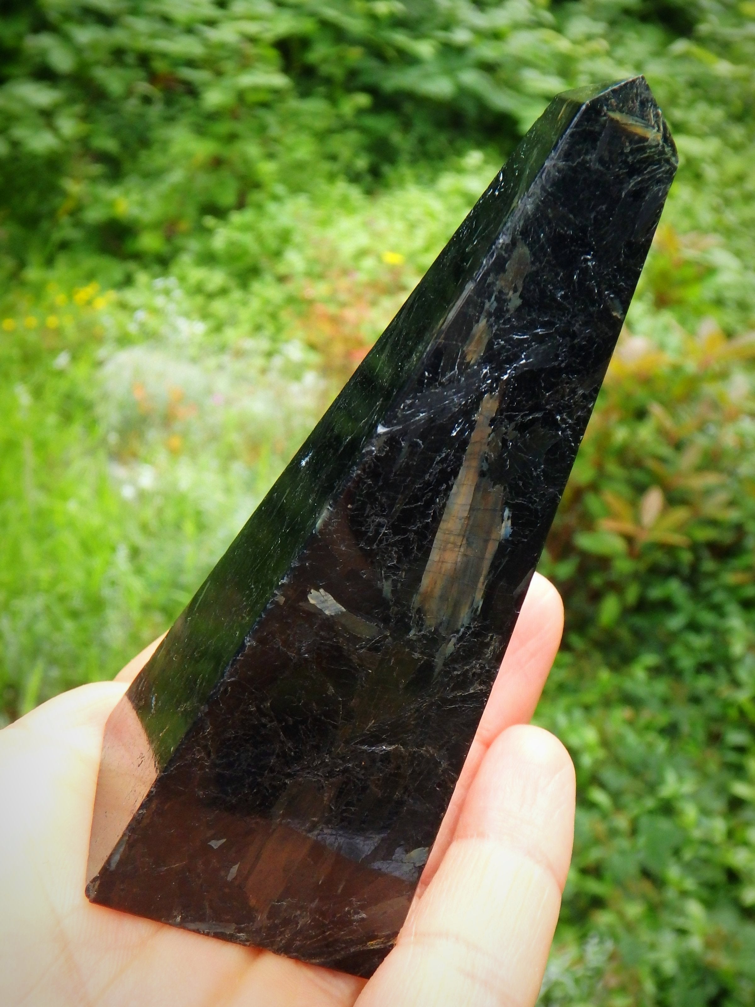 Golden Lightening Flashes~Genuine Greenland Nuummite Obelisk Standing Carving - Earth Family Crystals