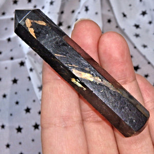 Ribbons of Flash Genuine Greenland Nuummite Wand Carving - Earth Family Crystals