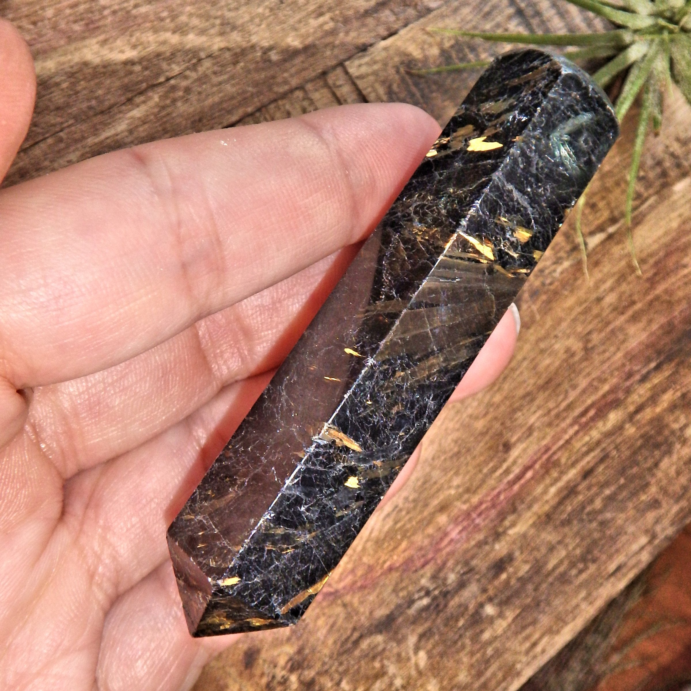 Genuine Greenland Nuummite With Lightening Flashes of Mysterious Color Wand Carving 2 - Earth Family Crystals