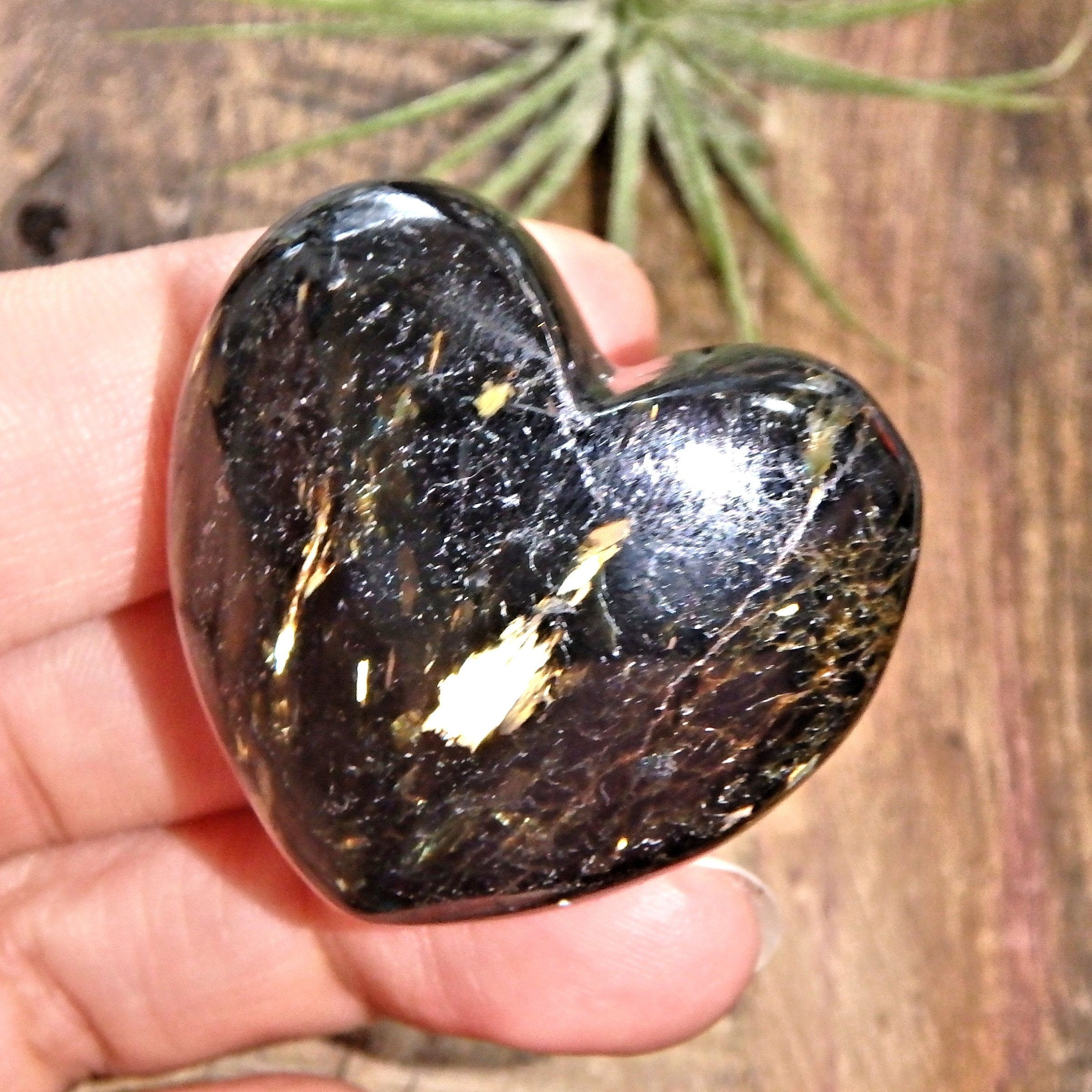 Genuine Greenland Nuummite Heart With Lightening Flashes of Mysterious Color - Earth Family Crystals