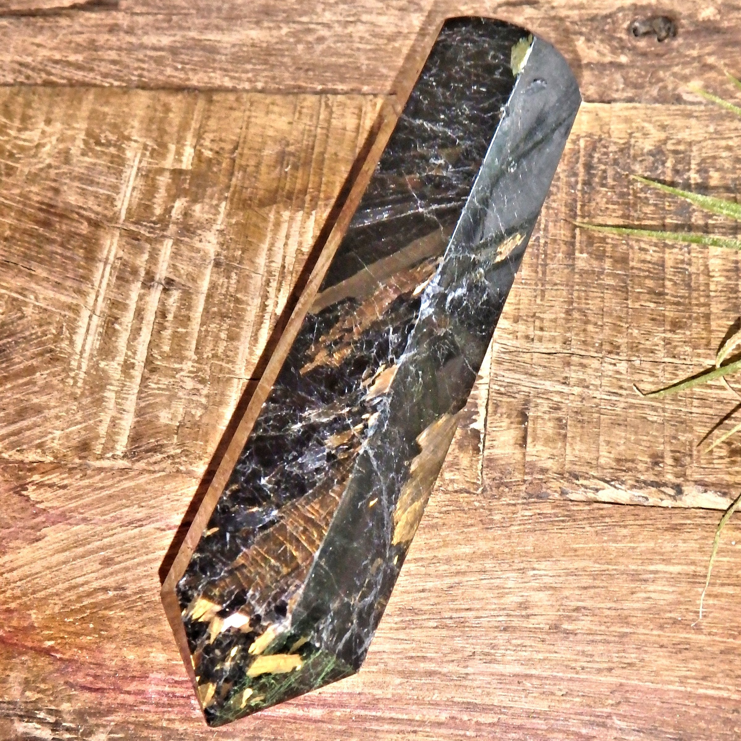 Genuine Greenland Nuummite With Lightening Flashes of Mysterious Color Wand Carving 2 - Earth Family Crystals