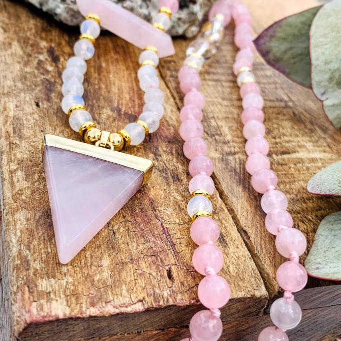 Gorgeous Beaded Rose Quartz & Rainbow Moonstone Long Mala Style Necklace - Earth Family Crystals