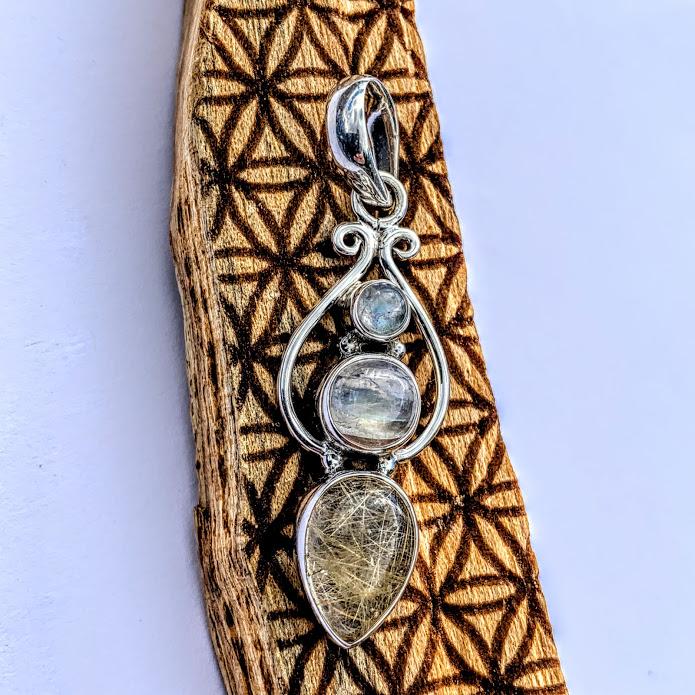 Golden Rutilated Quartz & Rainbow Moonstone Pendant in Sterling Silver (Includes Silver Chain) #2 - Earth Family Crystals