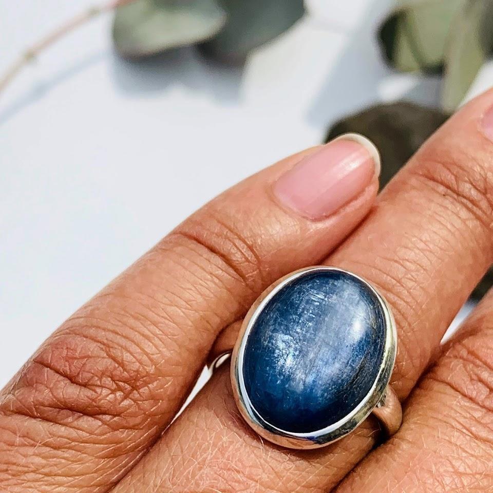 Dancing Silver Sheen Blue Kyanite Sterling Silver Ring (Size 8.5) - Earth Family Crystals
