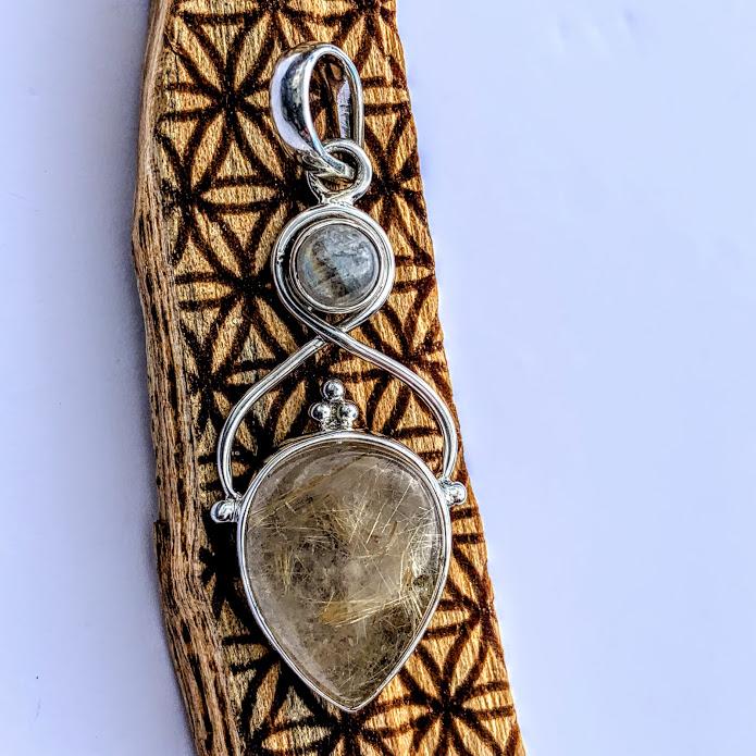 Golden Rutilated Quartz & Rainbow Moonstone Pendant in Sterling Silver (Includes Silver Chain) #1 - Earth Family Crystals