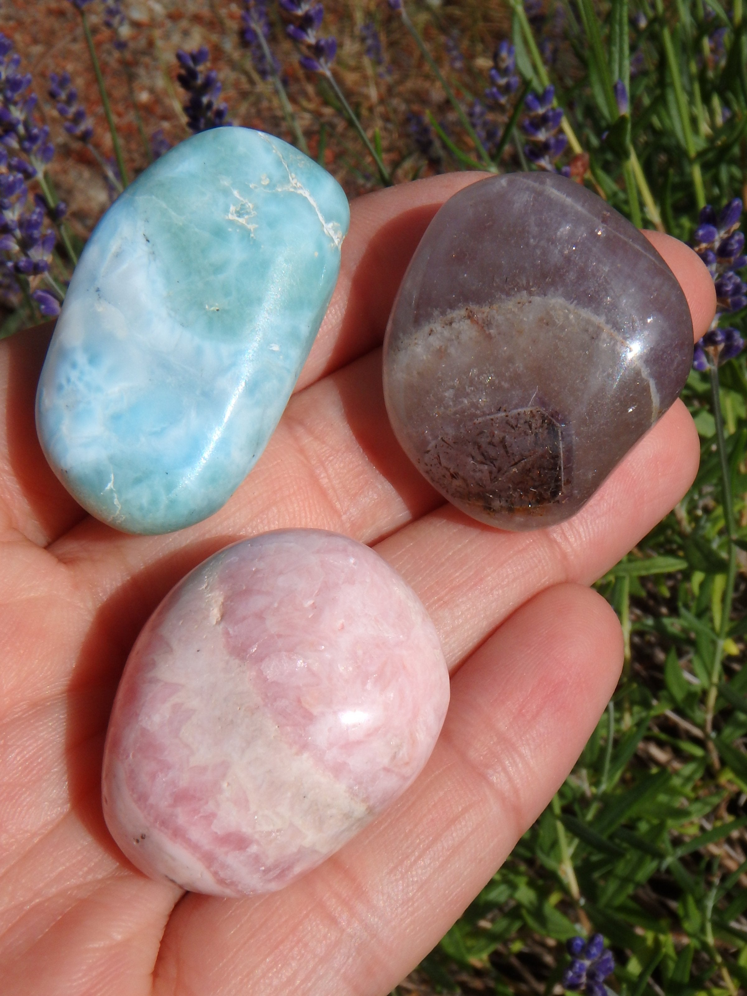 Powerful Combo~Caribbean Blue Larimar, Canadian Auralite-23, Pink Rhodochrosite Tumbled Stone Set - Earth Family Crystals