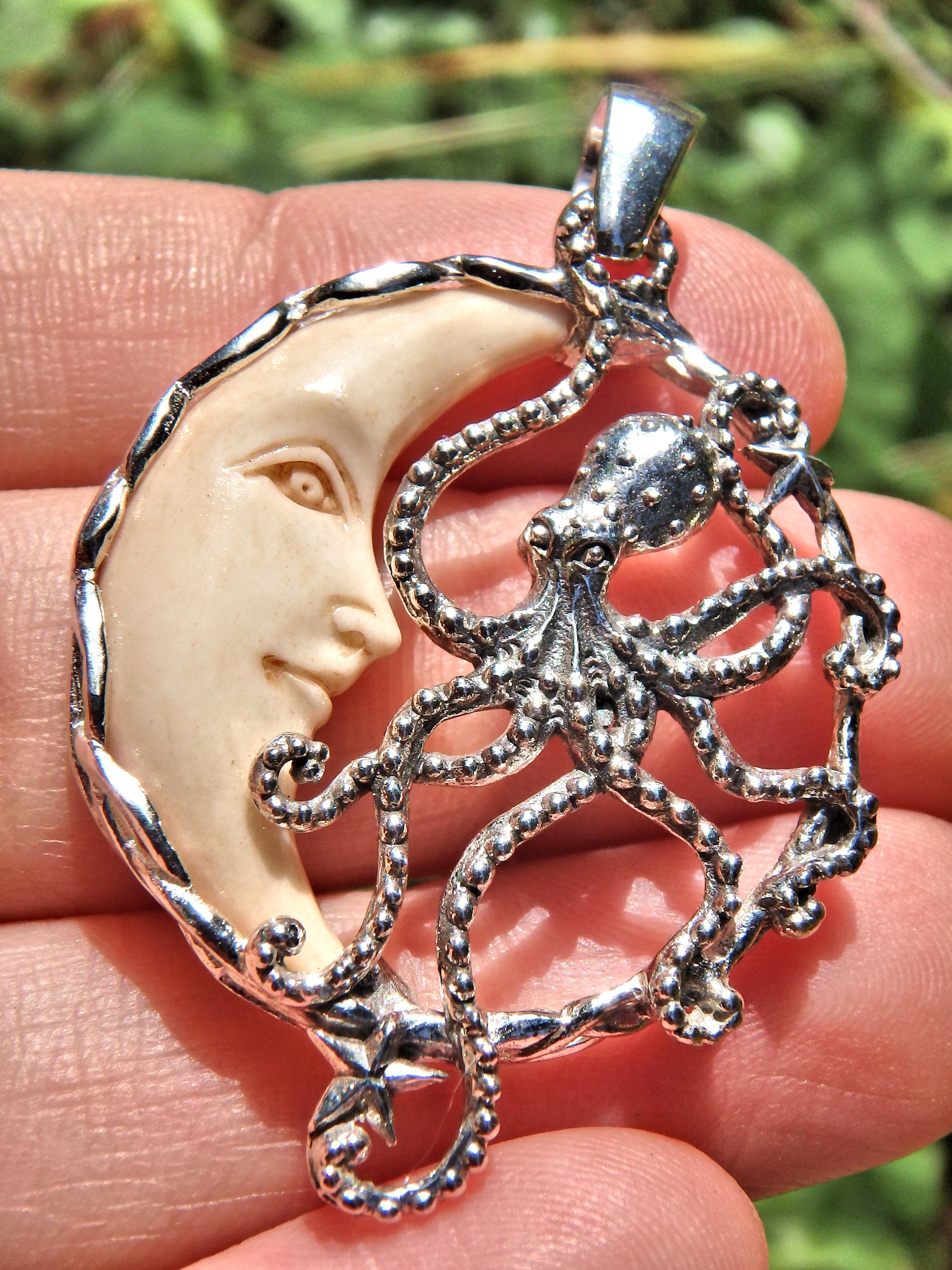Octopus & Crescent Moon Bone Carved  Pendant in Sterling Silver (Includes Silver Chain) - Earth Family Crystals