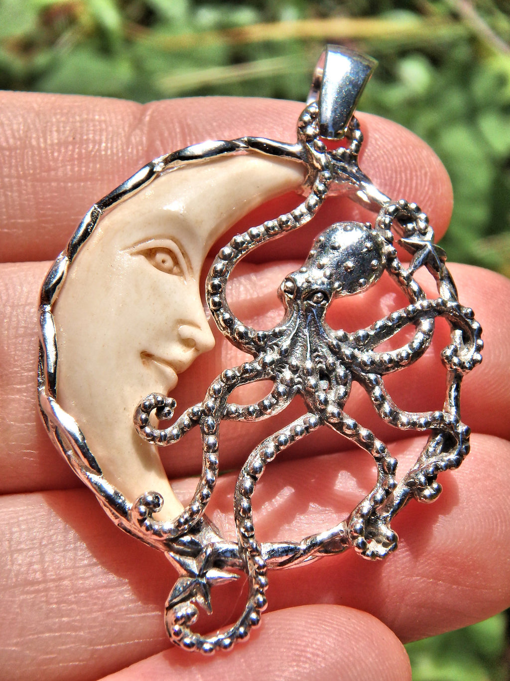 Octopus & Crescent Moon Bone Carved  Pendant in Sterling Silver (Includes Silver Chain) - Earth Family Crystals