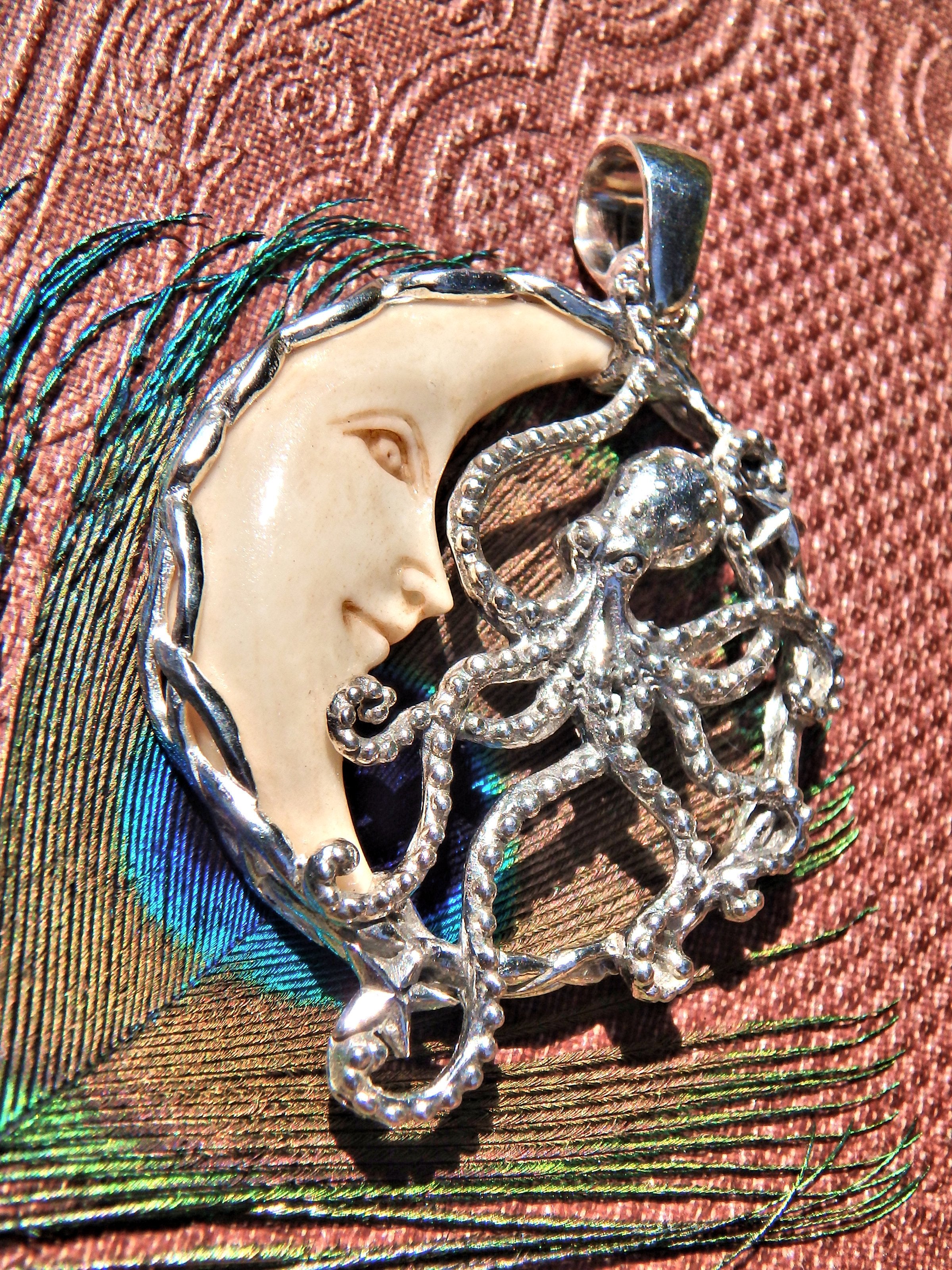 Octopus & Crescent Moon Bone Carved  Pendant in Sterling Silver (Includes Silver Chain) - Earth Family Crystals