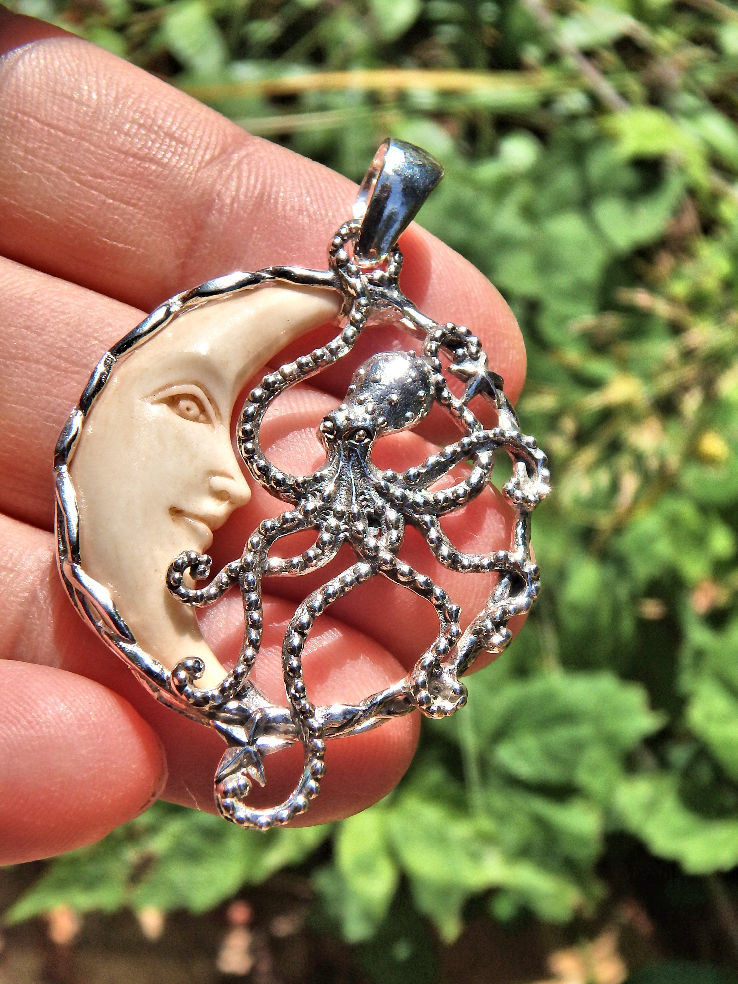Octopus & Crescent Moon Bone Carved  Pendant in Sterling Silver (Includes Silver Chain) - Earth Family Crystals