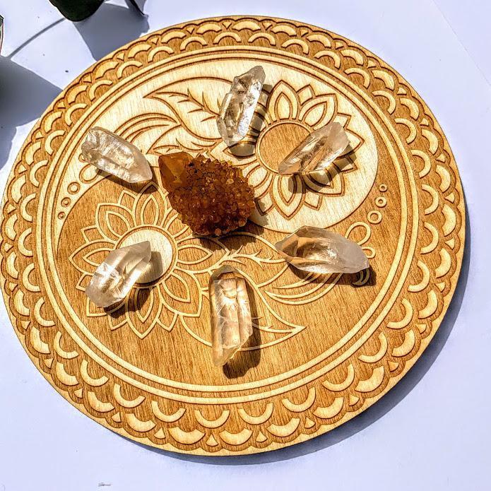 Crystal Mandala Set -Includes Yin/Yang Birch Wood Board, Natural Golden Spirit Quartz & 6 Golden Healer Quartz Points - Earth Family Crystals