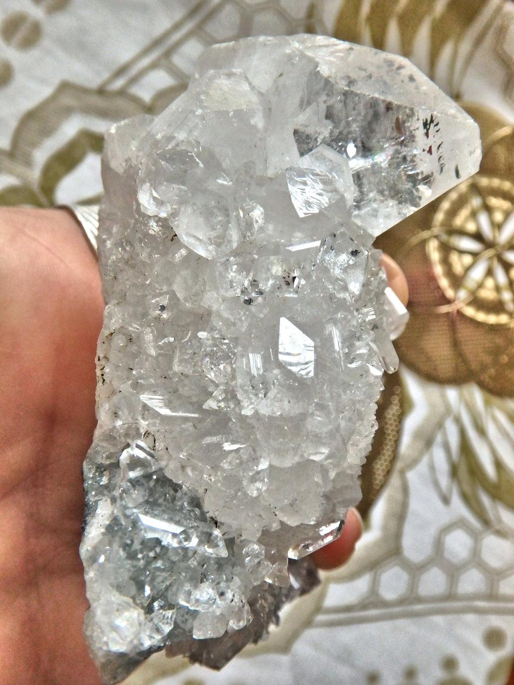 Fabulous Glitter & Sparkle Optical Apophyllite Point Nestled on Calcite Matrix With Baby Apophyllite Points - Earth Family Crystals