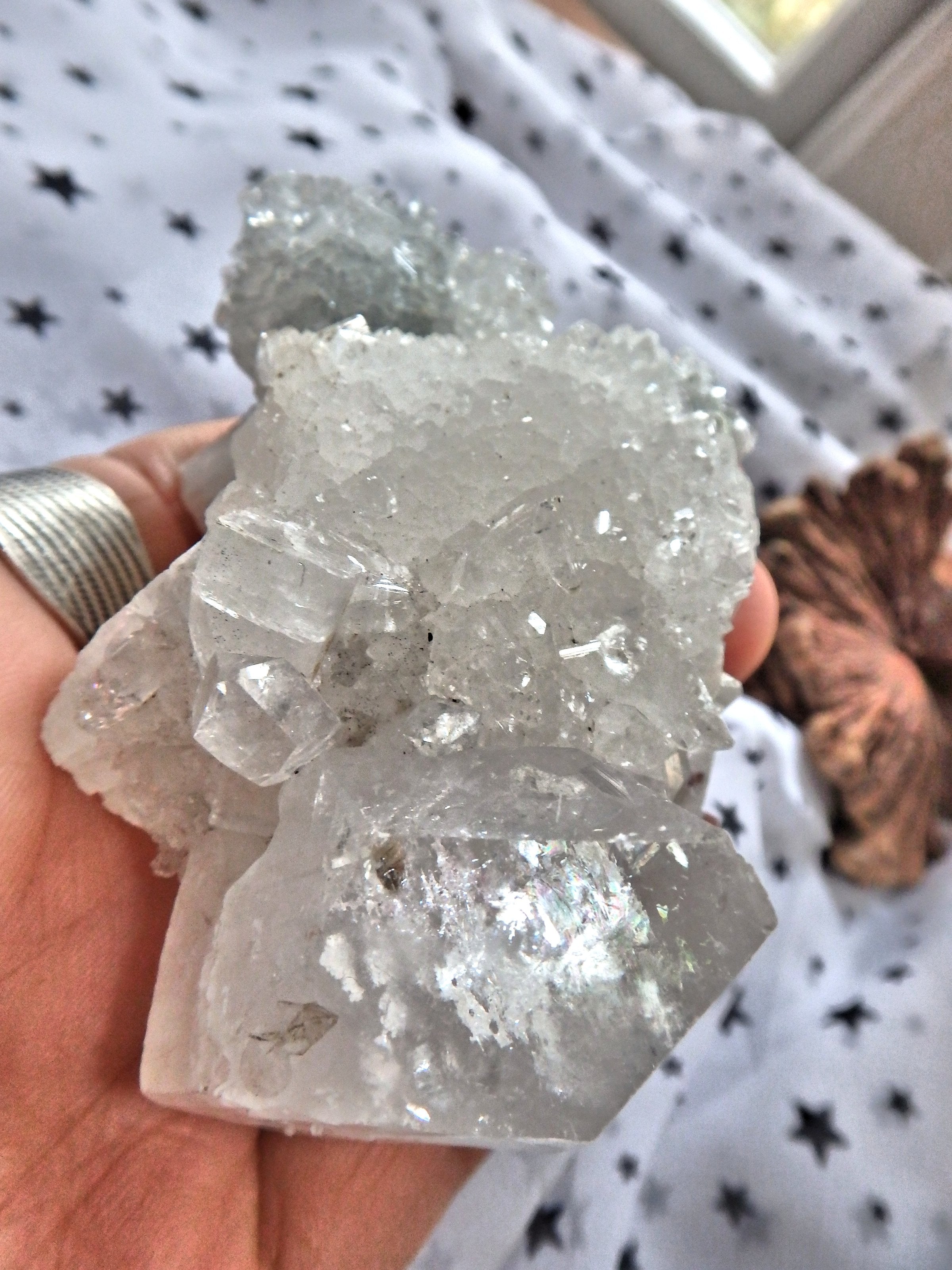 Fabulous Glitter & Sparkle Optical Apophyllite Point Nestled on Calcite Matrix With Baby Apophyllite Points - Earth Family Crystals