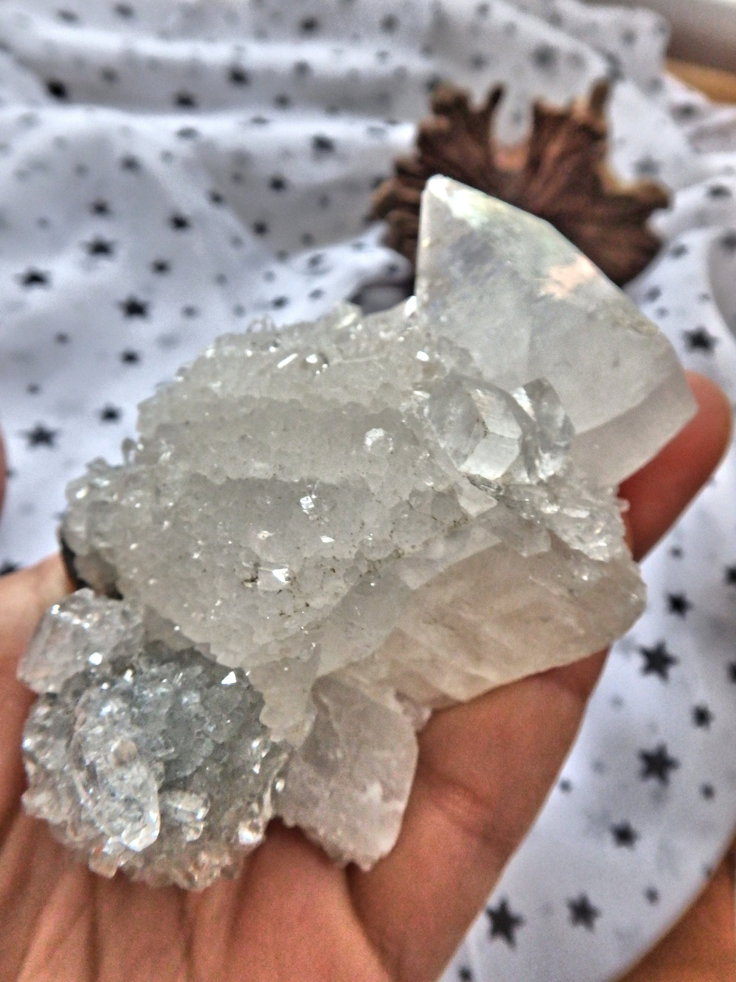 Fabulous Glitter & Sparkle Optical Apophyllite Point Nestled on Calcite Matrix With Baby Apophyllite Points - Earth Family Crystals