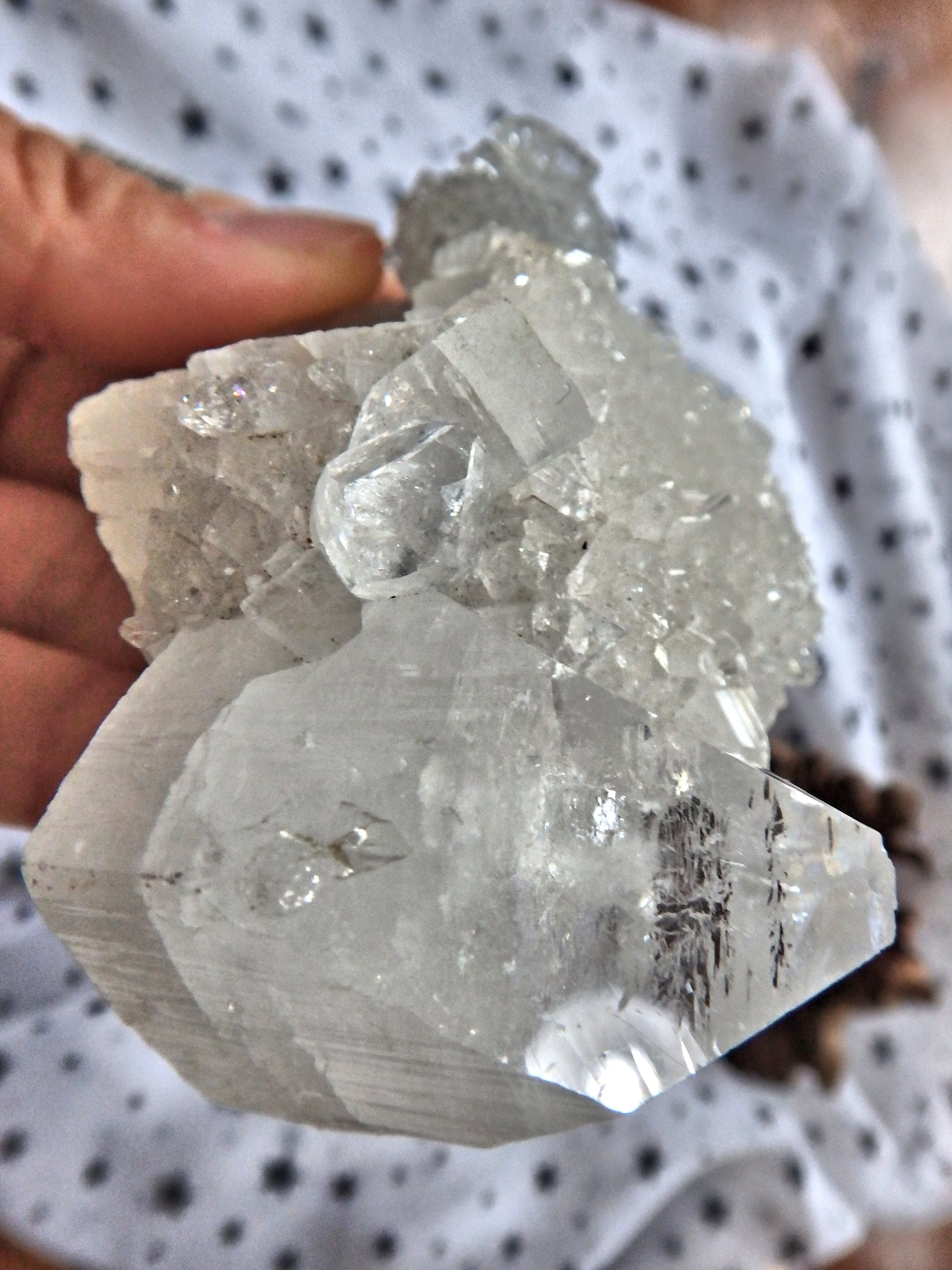 Fabulous Glitter & Sparkle Optical Apophyllite Point Nestled on Calcite Matrix With Baby Apophyllite Points - Earth Family Crystals